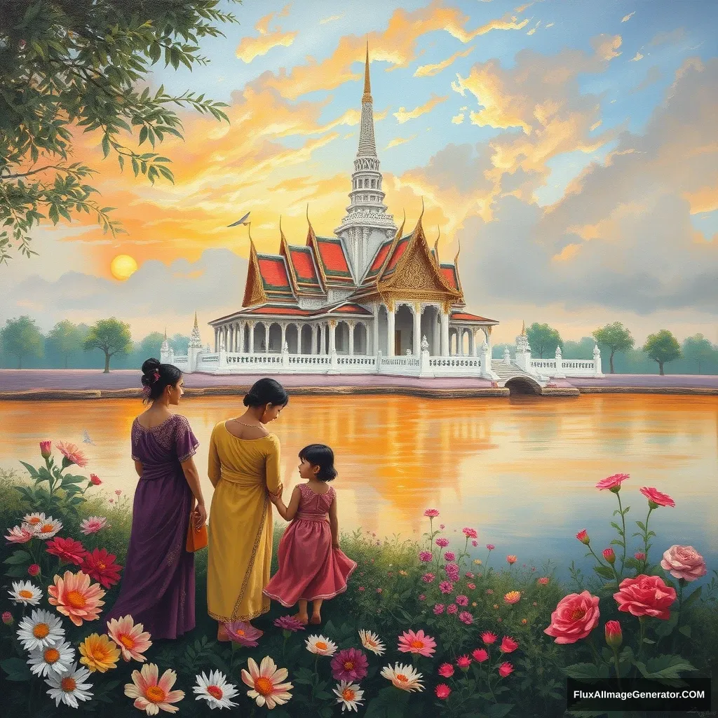 A painting in the style of Edgars, with Wat Arun, a family, flowers, sunrise. - Image