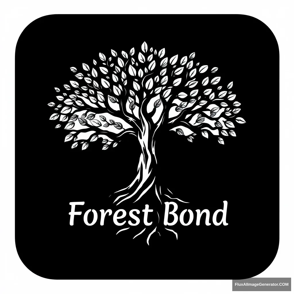 It's a logo for an app called forestbond. It's a tree in the shape of a woman spreading its branches with a lot of leaves. It gives the impression of deep and solid roots. Draw it in a reverent way and write the words Forest Bond underneath. It should have a serious feel to it. Don't overlap the drawing and text. Make it look like a child is under the tree looking up at it. Draw the whole thing in black on a transparent background.