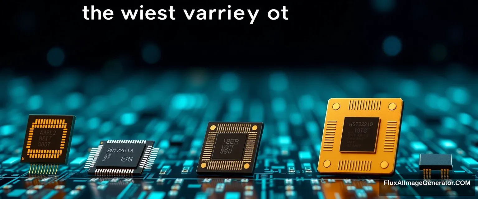 "Marketing image about semiconductors and their different packages which says a title of: the widest variety of semiconductors, add the title centered on the left side." - Image