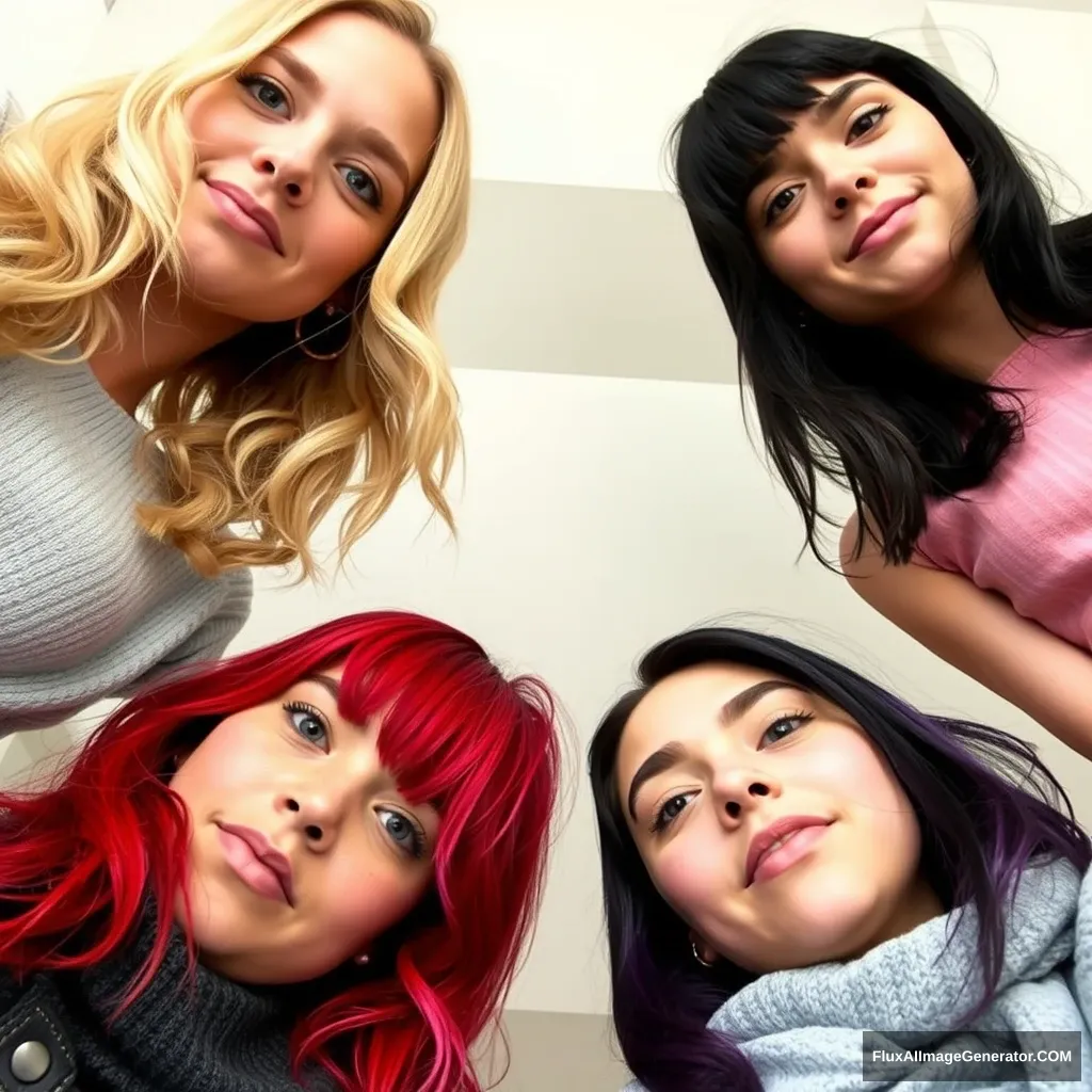 Close friends of four different 23-year-old women are looking at the camera below. The woman at the bottom left has blonde hair, the woman at the bottom in the middle has red hair, the woman at the bottom right has purple hair, and the woman at the top right has black hair. - Image