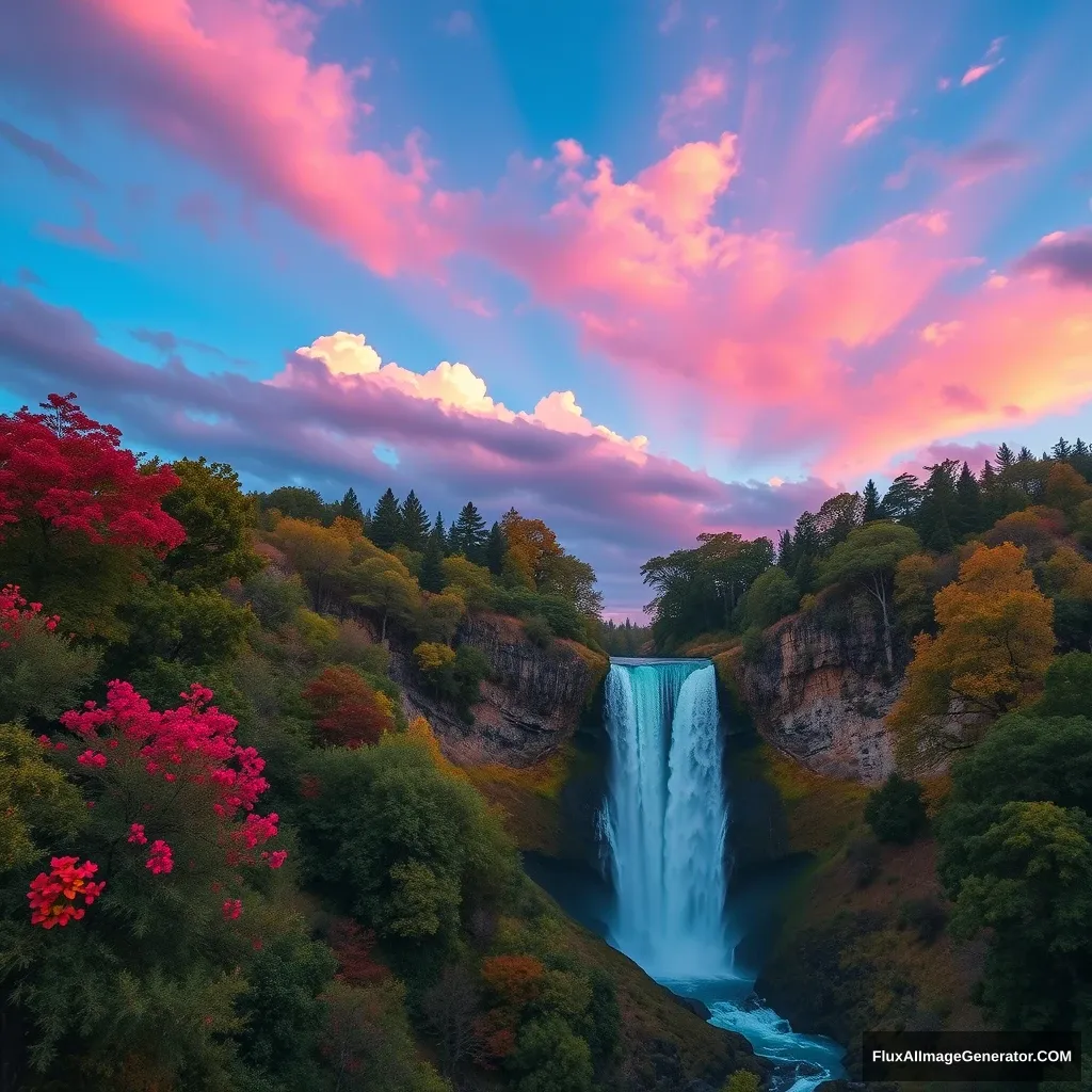 hot pink, deep pink, fuchsia, deep sky blue, cyan, spring green, sandy brown, orange red, gold, medium turquoise, pale green, blue sky with clouds, grove, waterfall, crepuscular rays, wide view, extremely detailed, 8K