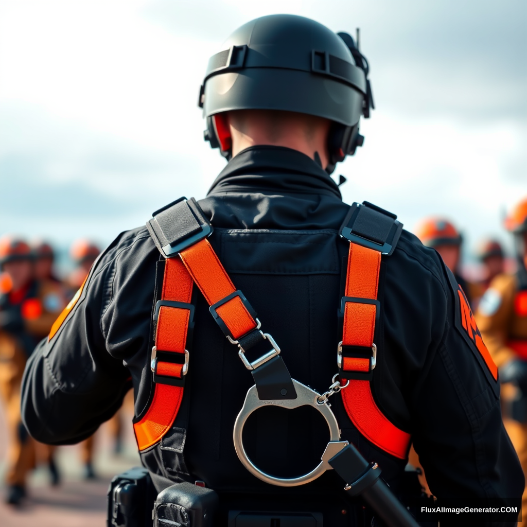 A soldier in black and orange gear is put in steel handcuffs, shot from behind.