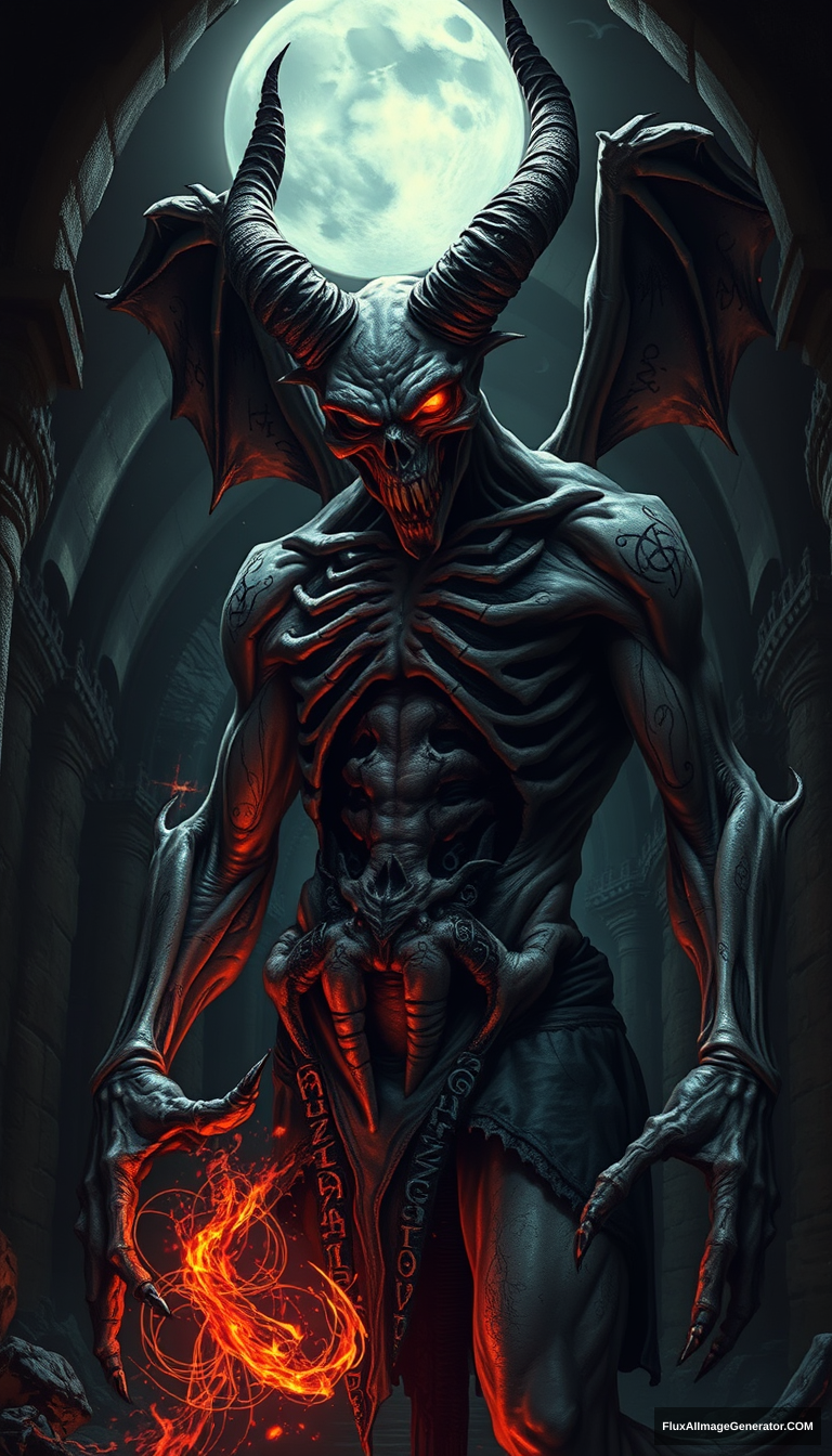 A grotesque demon necromancer, half-transformed into a lich, looms in a moonlit crypt. Decaying flesh clings to exposed bones, eyes glowing with unholy power. Intricate runes etched on skin, surrounded by swirling necrotic energy. Dark fantasy style, chiaroscuro lighting, Gothic architecture.