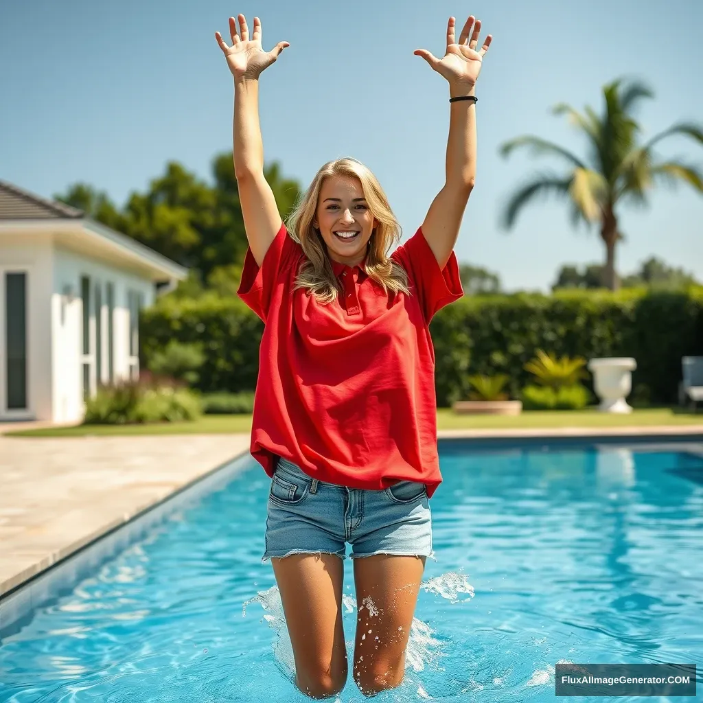 Front view of a young blonde skinny woman with a good tan in her early twenties, standing in her massive backyard. She is wearing a massively oversized red polo t-shirt that is slightly off balance on one shoulder, with the bottom part untucked. She has on M-sized light blue denim shorts and is not wearing any shoes or socks. She jumps into the pool with her arms raised high in the air, creating a big splash as her legs go underwater.