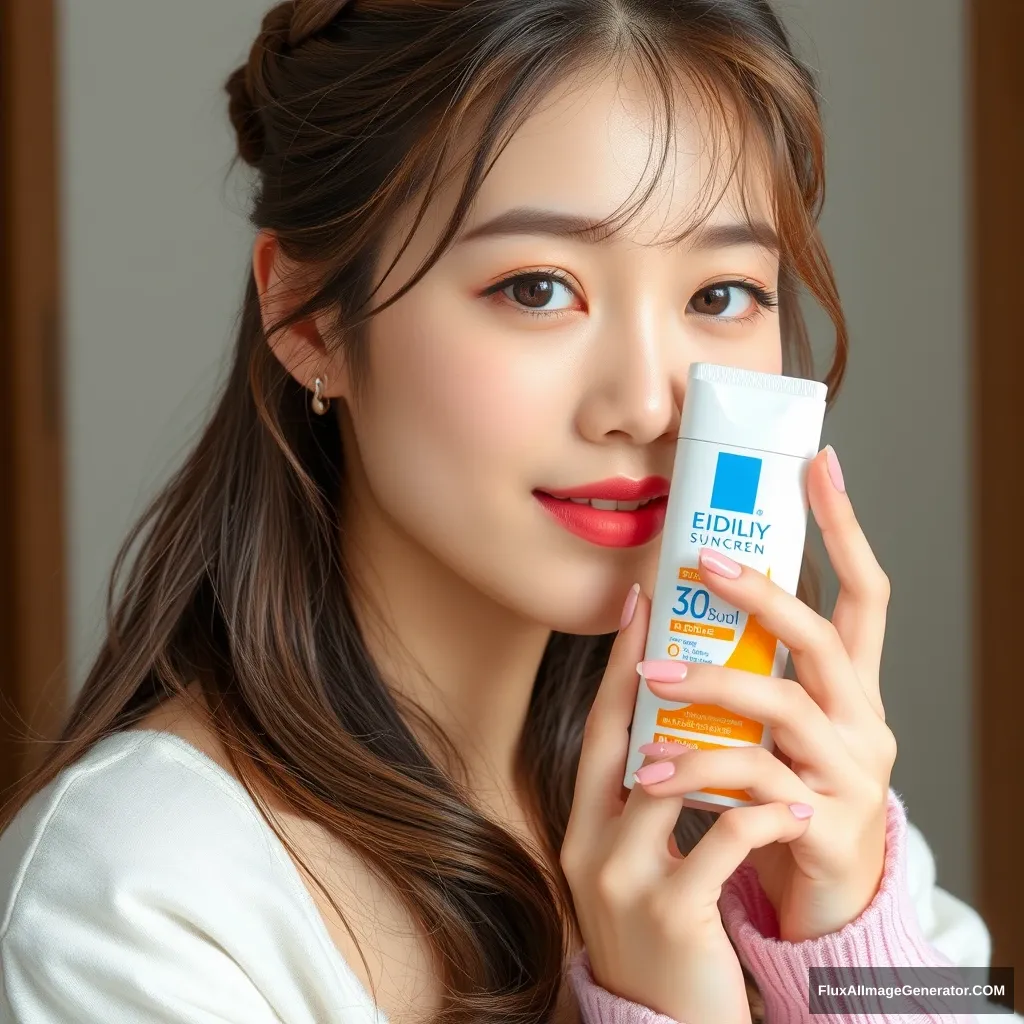 a Korean idol-style woman holding a sunscreen product - Image