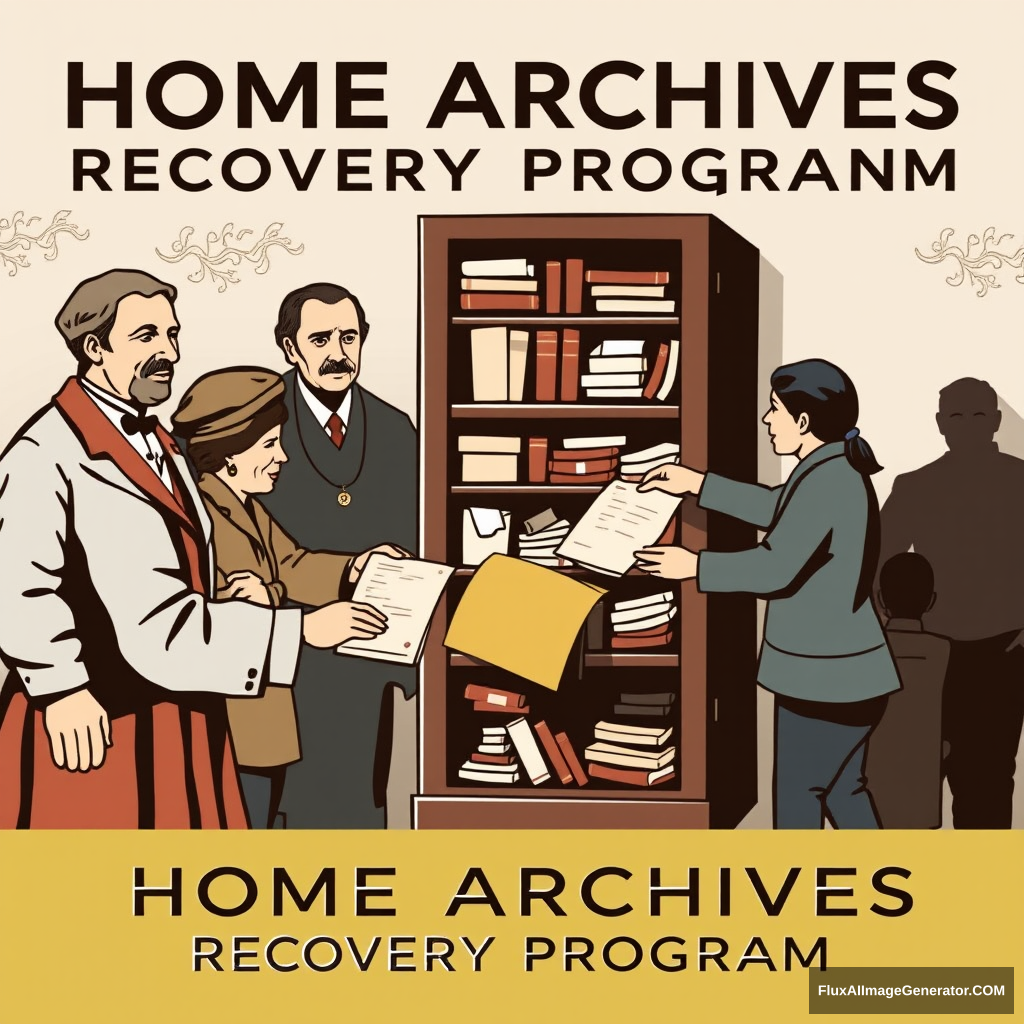 Make a promotional poster for a program called: Home Archives Recovery Program. The poster should depict historical figures from Guanajuato and other citizens depositing documents in an archive cabinet.