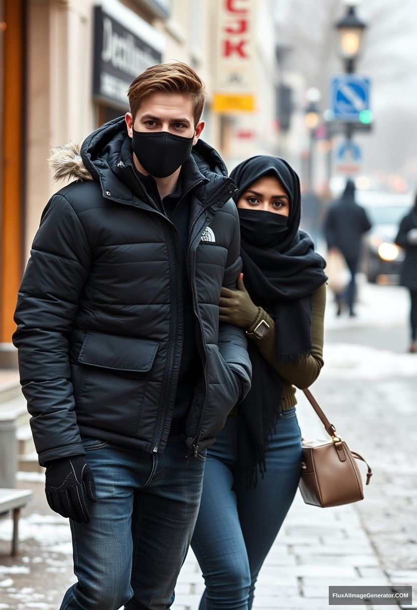 Jamie Dornan, handsome, young, wearing a black face mask, snow jacket, jeans, dating a beautiful Muslim girl in a black hijab with beautiful eyes, both wearing black face masks, in a winter scenery, walking together in town, photorealistic, street photography.