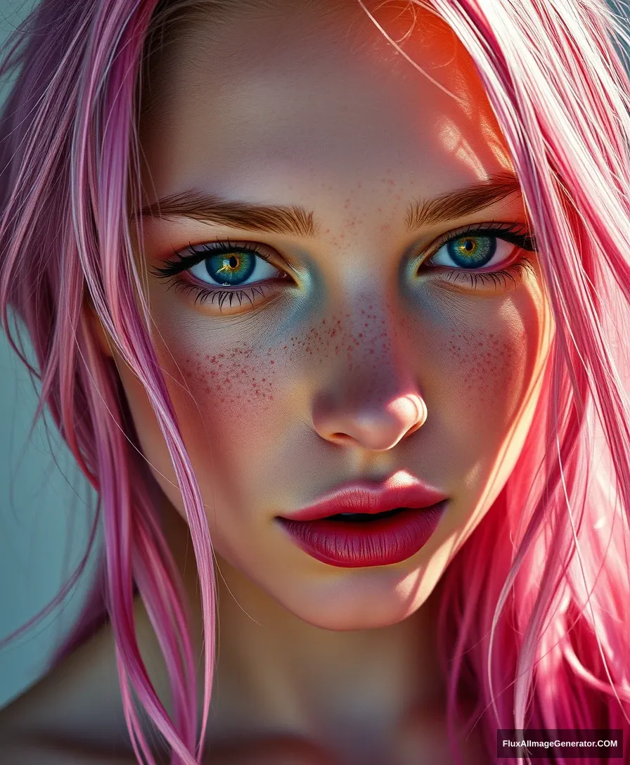 A painting of a woman with pink hair, featured on Artgerm, sun-drenched, naturalistic technique, Marc Newsom, Suki, soft freckles, perfect human female specimen, idealized, hyper-realistic intricate, exquisite details and textures, sharp focus, high resolution, detailed eyes, 8K UHD, Nikon D850, high quality, film grain, hyper-realistic skin (detailed skin: 1.3). - Image