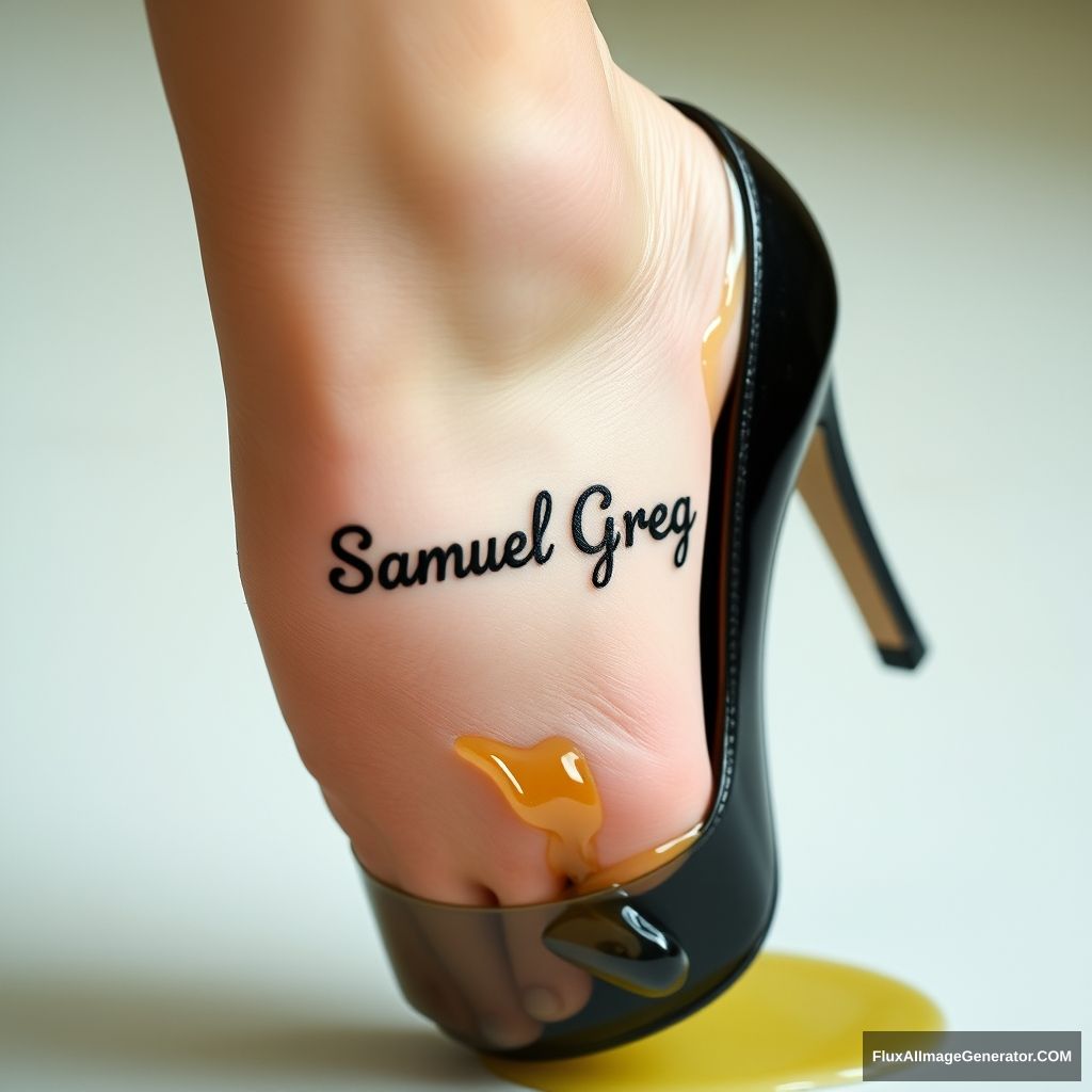 The name "Samuel Greg" on a woman's foot in a black high heel. There is oil all over the foot.