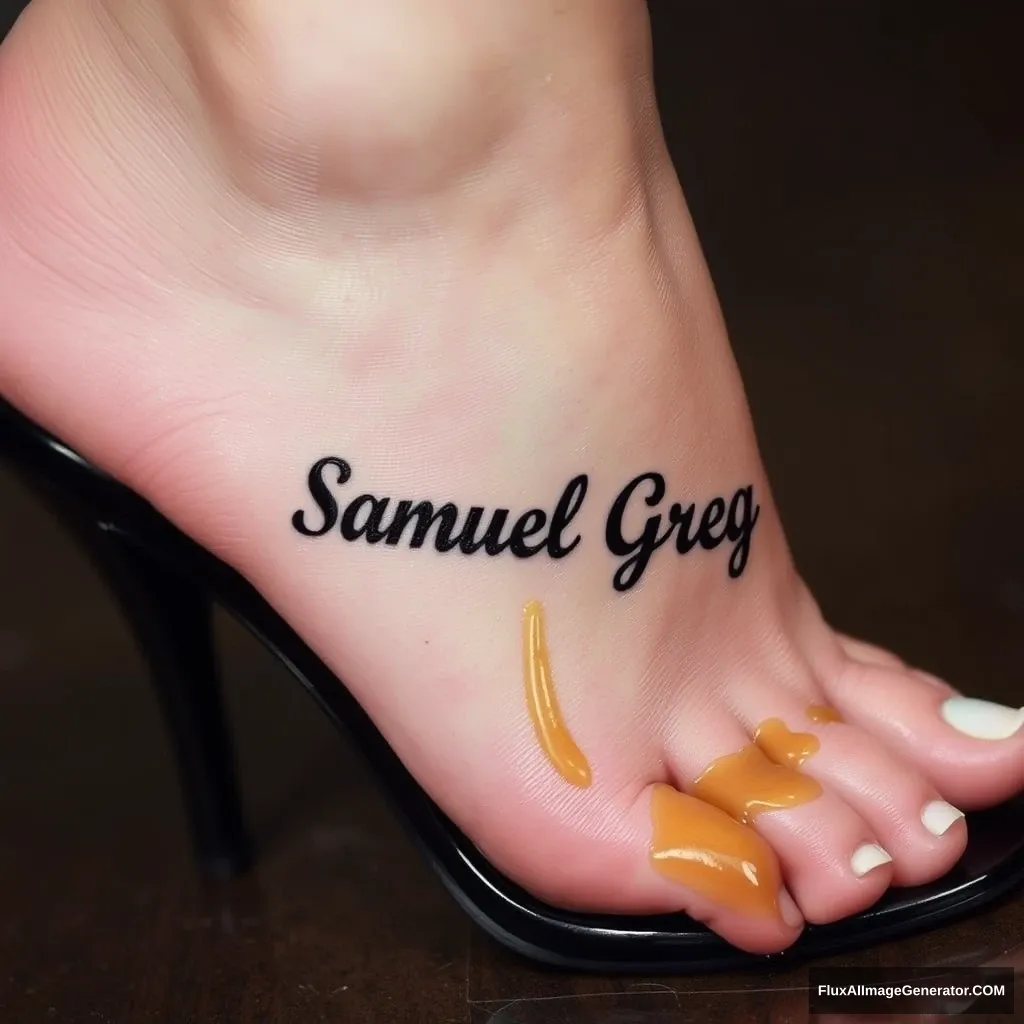 The name "Samuel Greg" on a woman's foot in a black high heel. There is oil all over the foot. - Image