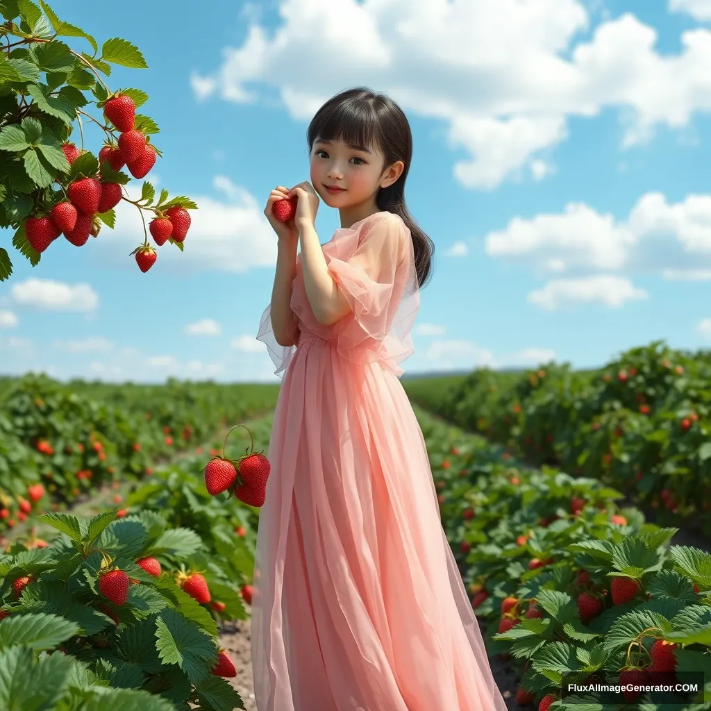 A girl wearing a transparent pink chiffon dress picking strawberries in a strawberry field, with a blue sky and white clouds, a solid color background, Picas style, 3D rendering, natural light, high-definition picture quality, 8k, -- niji 6 - Image