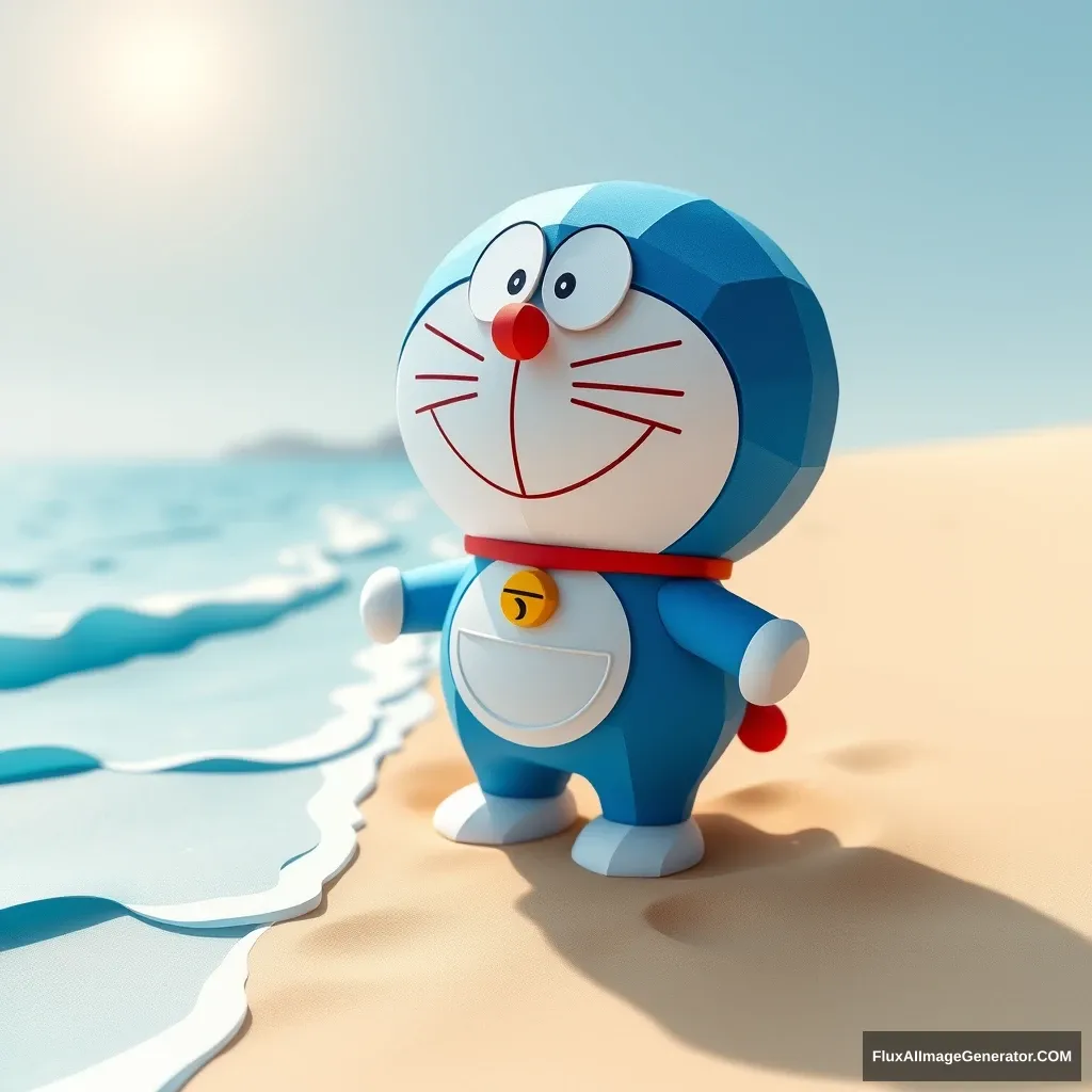 Doraemon, the lovable blue robot cat, stands on a sandy beach, the gentle waves lapping at his feet. The sun shines brightly overhead, casting long shadows across the scene. The image is rendered in a 3D papercraft style, with intricate folds and layers giving the scene a tactile quality. Doraemon's iconic round body is meticulously crafted, with each detail - from his whiskers to the stitching on his pocket - meticulously rendered. The beach is made of layered paper, with realistic textures and subtle color variations that mimic the shifting sands. The waves are crafted from a translucent blue paper, capturing the movement and texture of the ocean. The distant horizon, crafted from a gradient of blue paper, suggests a vast and open sky. The scene is bathed in a warm, sunny light, giving the papercraft a sense of life and vibrancy.