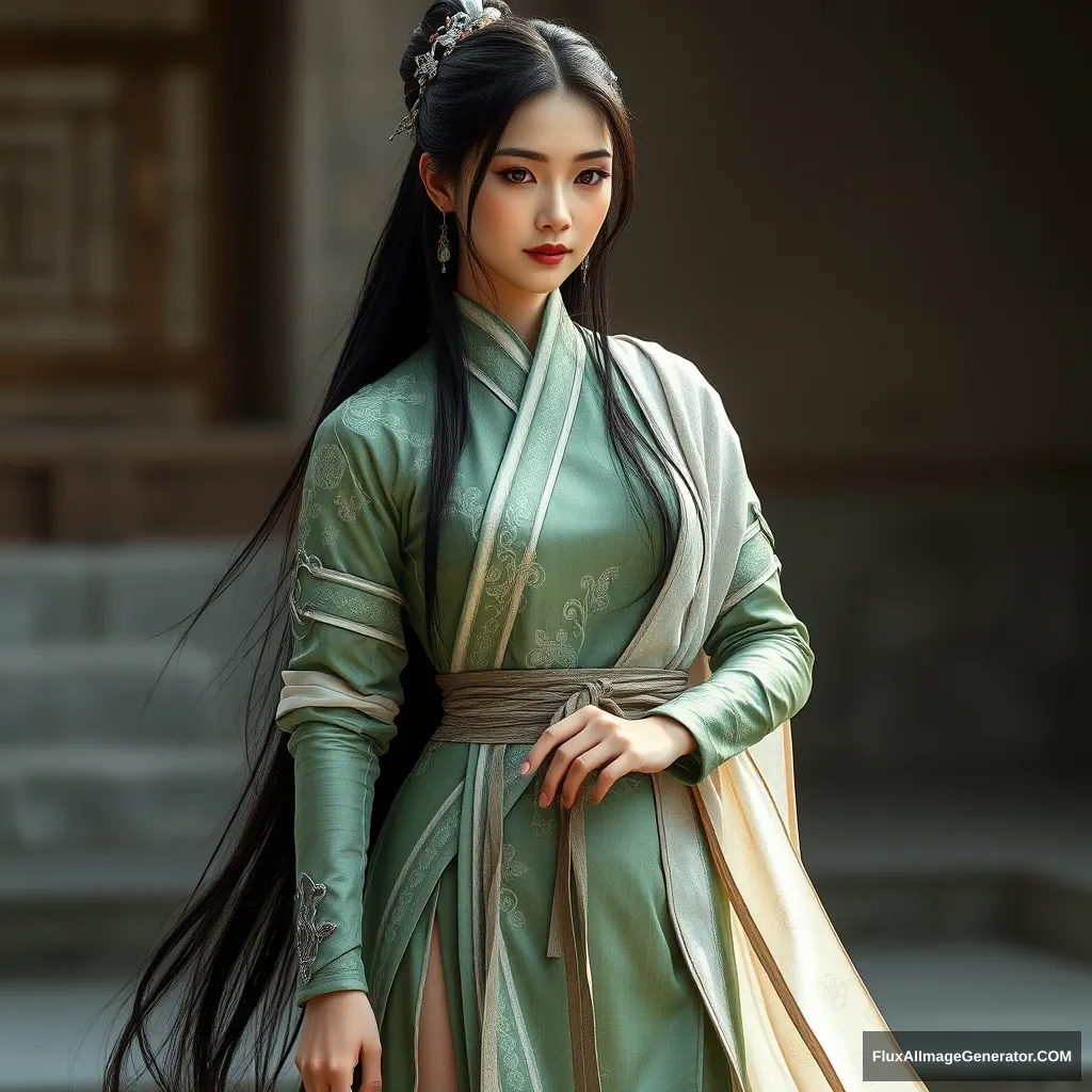 A beautiful woman in ancient costume, with an Asian face, fair skin, mature and charming, long black hair, simple silver hair accessories, fitted clothing, a grass green and silver white outfit adorned with silver white patterns and a shawl, tight sleeves with arm guards, and delicate decorations that carry an antique charm and are ethereal and graceful, exuding elegance. She has long hair in traditional style, long legs, a tall figure, and possesses the aura of an ancient female warrior, wearing greenish blue slender strap high heels.