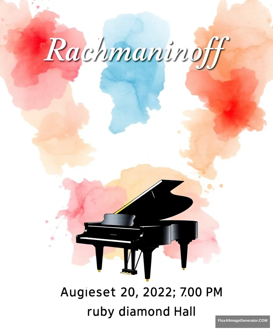 Title: “Rachmaninoff” displayed at the top center

include the following texts on the bottom of the poster:
“August 20, 2024”    
“7:00 PM”    
“ruby diamond Hall”     

Visual Elements: A grand piano centered at the bottom with minimal vigorous colors watercolor style. - Image