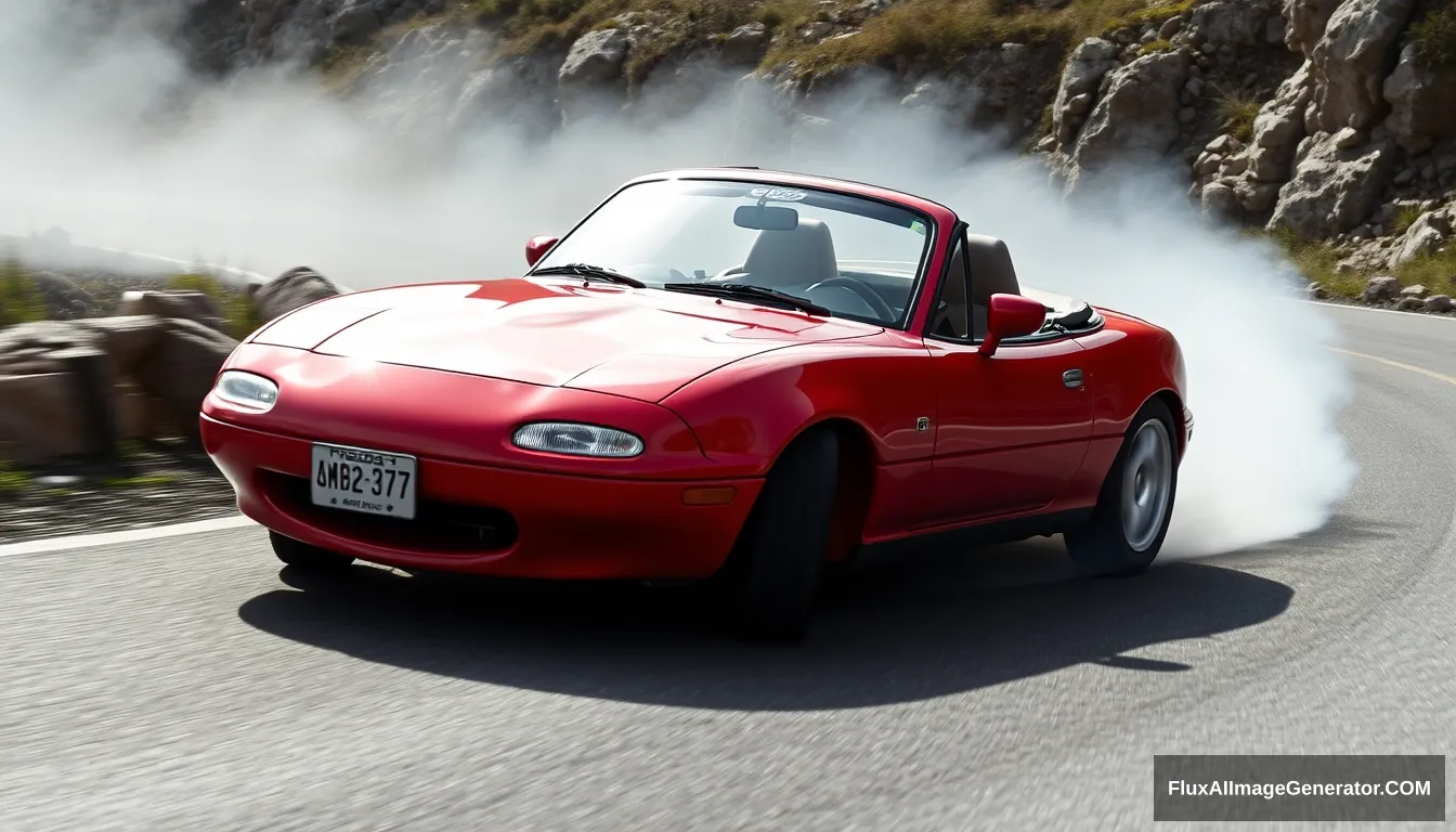 Create an image of a red 1991 Mazda MX-5 drifting on a mountain road.