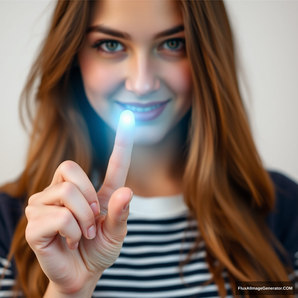 Young woman holding an invisible object between her index finger and her thumb. - Image