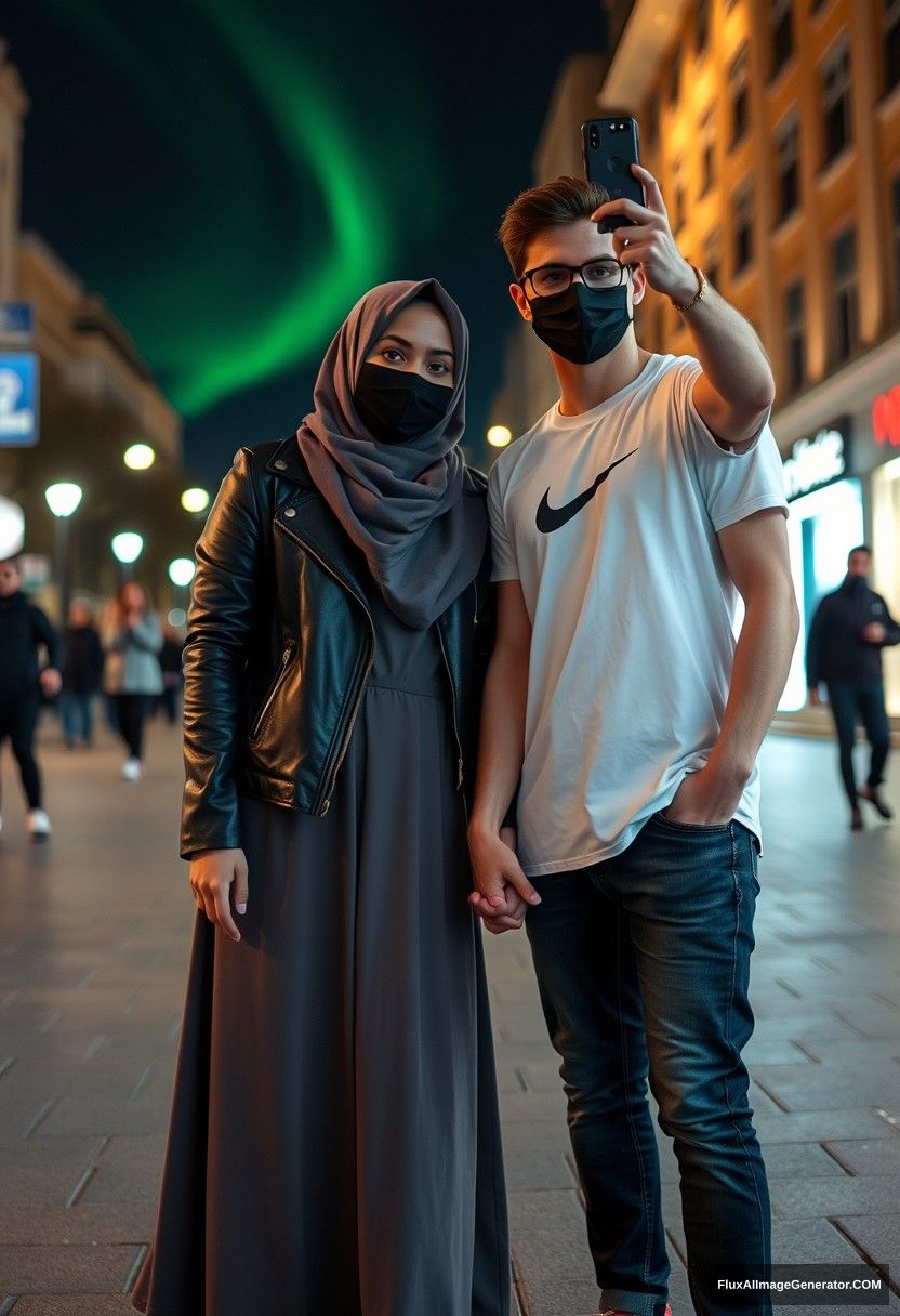 Jamie Dornan, handsome, black face mask, white Nike T-shirt, jeans, sneakers, dating romantically with a grey hijab-wearing Muslim girl, beautiful eyes, black face mask, leather jacket, very long and big skirt, not a tall girl, red sneakers, holding hands, in town, black glasses, photorealistic, street photography, full photography, selfie photos, night scenery, aurora.