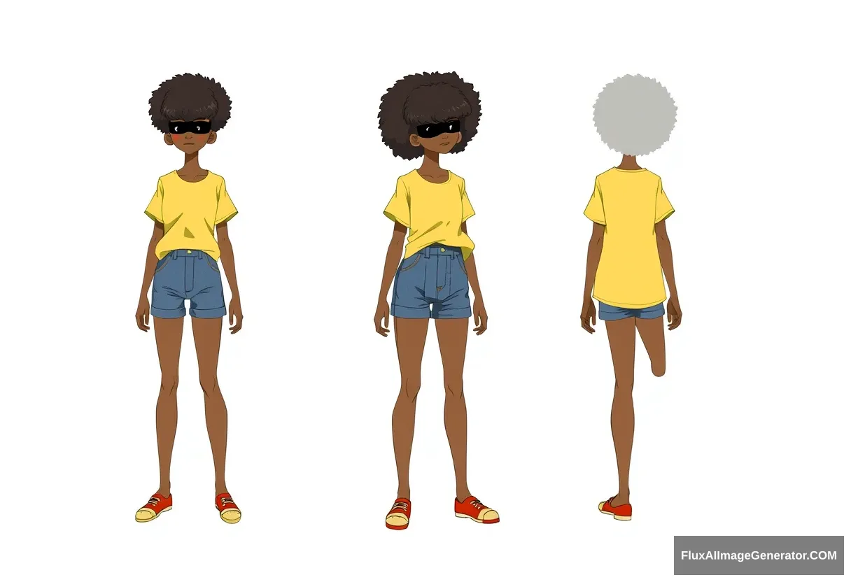 Front, side, and back, profile character sheet, girl in yellow shirt with jean shorts, afro hair covering eyes.