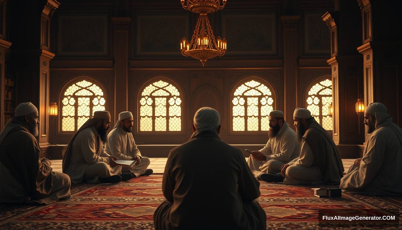 A reflective scene showing a group of Muslims contemplating and discussing the story of Tamim ad-Dari and Dajjal, set in a peaceful, scholarly environment. Ultra HD, realistic, contemplative, with warm and cinematic lighting.