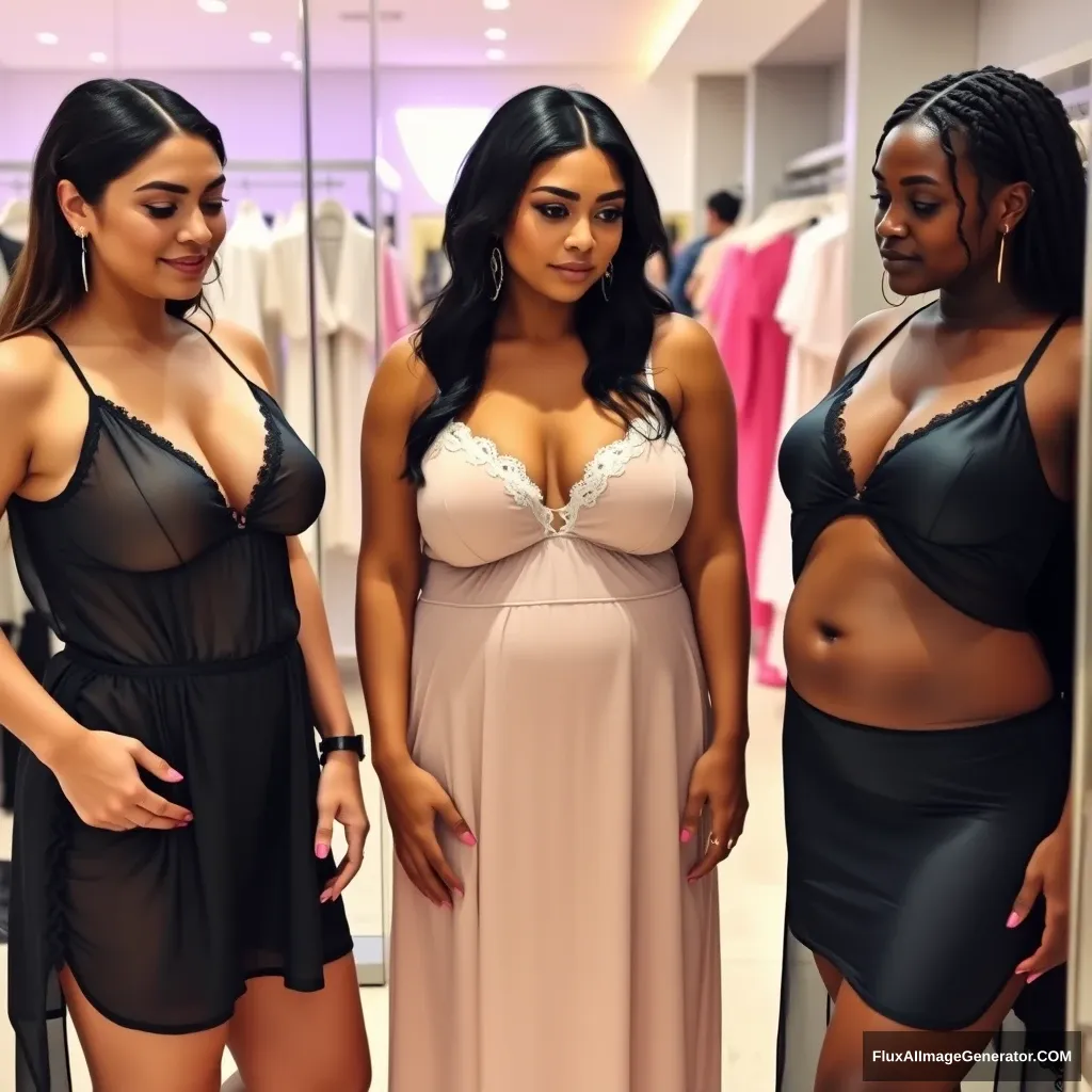 Three slim women with large chests, each from different ethnic backgrounds, trying on nightwear in a store.