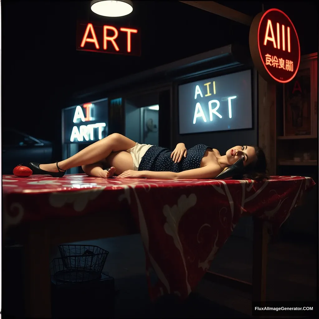 A woman lay on the butcher table, shoes, night, neo. The sign said: "AI ART."