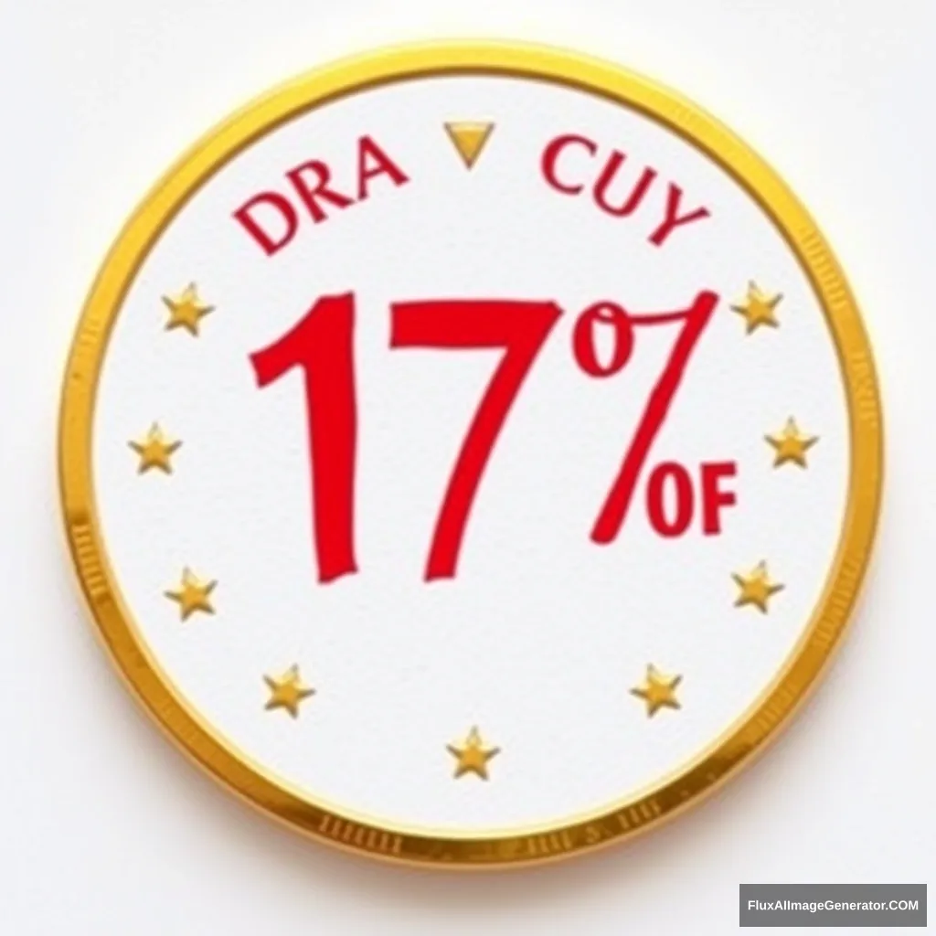 Draw a golden coin representing the right to purchase 17% Off. The golden coin is very luxuriously decorated with red gold and platinum on the rim. The background is white.