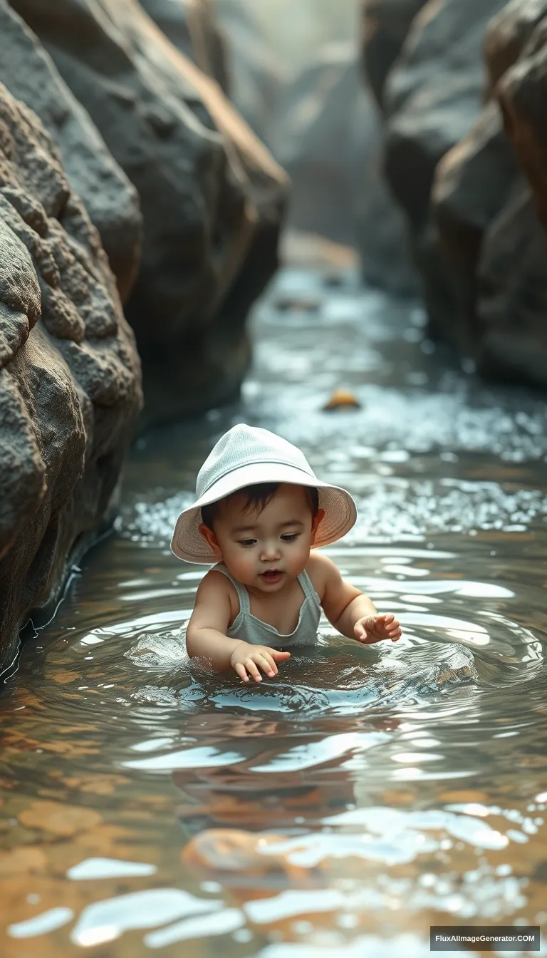 A 20-month-old Korean female child with a white hat is playing with her mom in a watery ravine, 8K, Ghibli style.