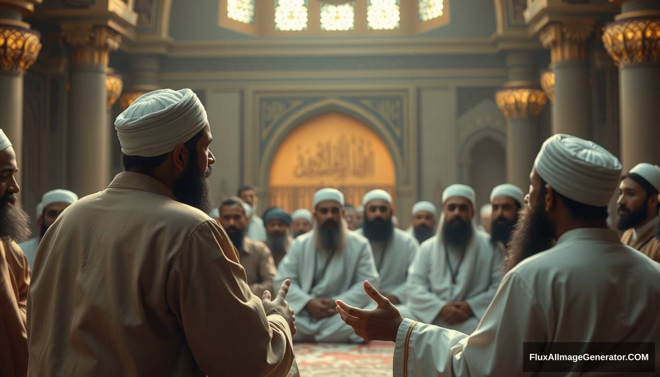 Prophet Muhammad (peace be upon him) addressing his companions in a mosque, explaining the signs of the Dajjal. The scene is filled with calm yet serious expressions, emphasizing the importance of the message. Ultra HD, realistic, respectful, with soft and cinematic lighting.