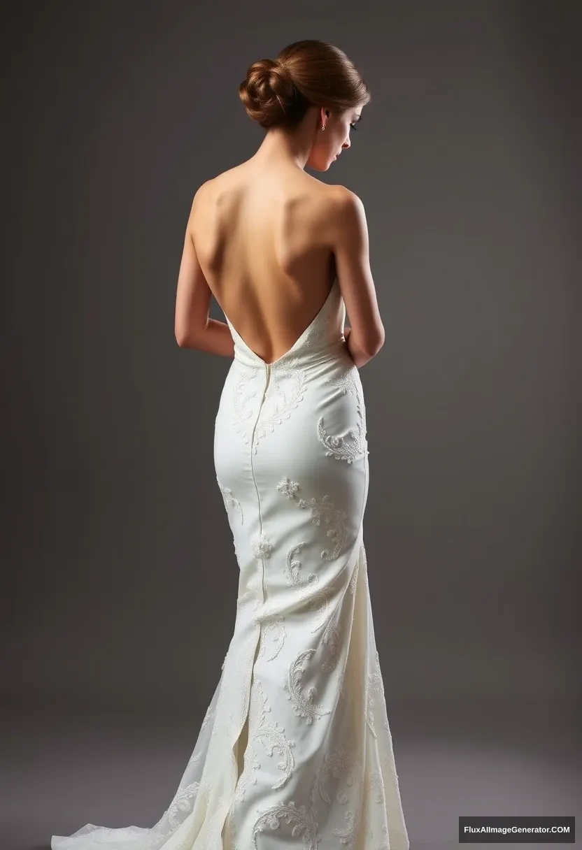 A short young woman, sensitive, delicate, ashamed, wearing a backless, strapless, side-less, low-waisted, open-back contouring wedding dress that seems like it's going to come undone, in front of patriarchy, expectations.