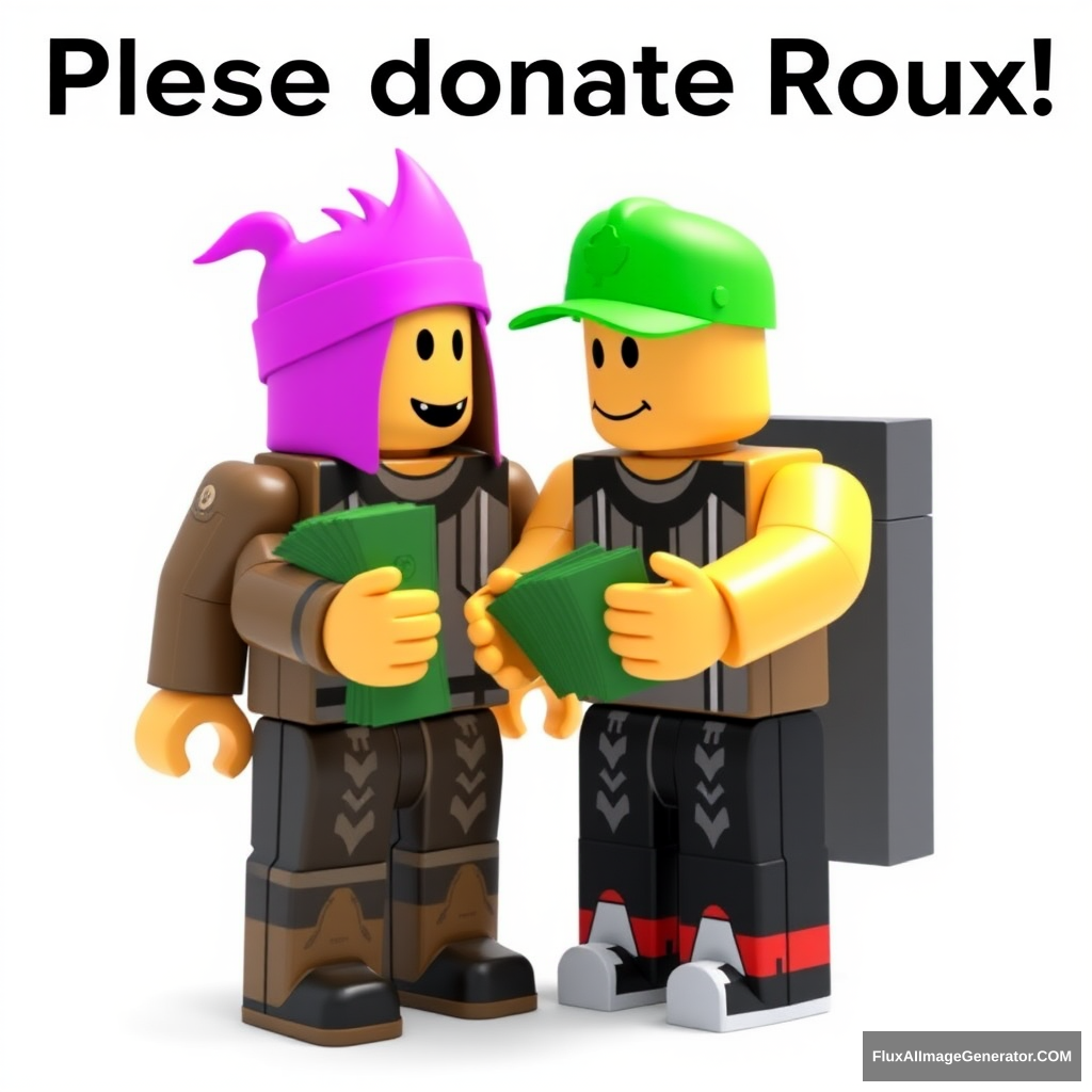 Please donate Roblox game Robux, standing and begging for Robux from another character while that character gives Robux money to the poor. - Image