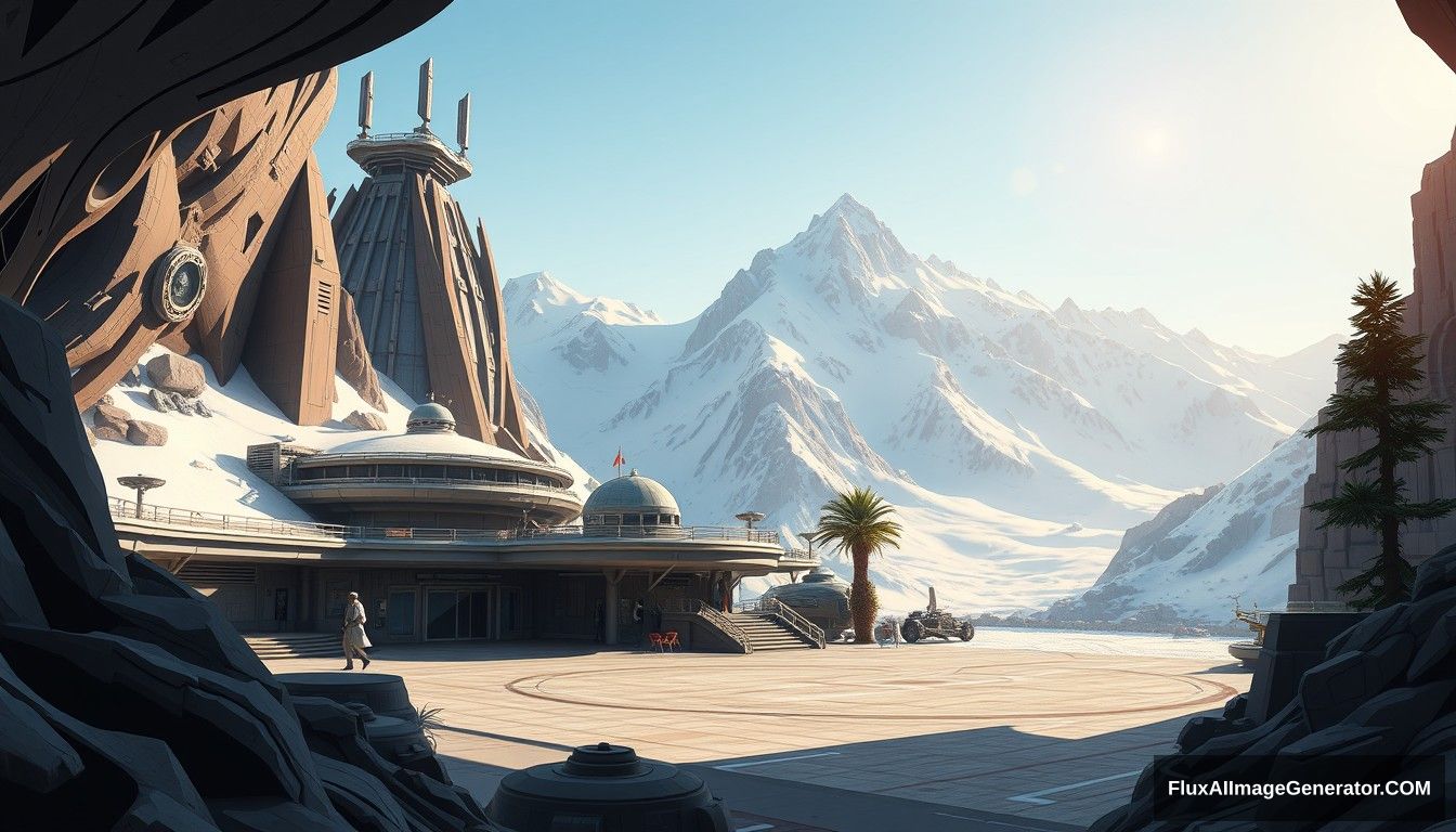 cel shaded art, wide shot, a sci-fi center on the top of a snow mountain, open air, close look, cyberpunk, military base, Star Wars style, indoor, patio, morning, sunlight, fortress, mountain, rock, snow, tarmac, parking apron, cave, tree, landing field, cliff, round shape, tower.