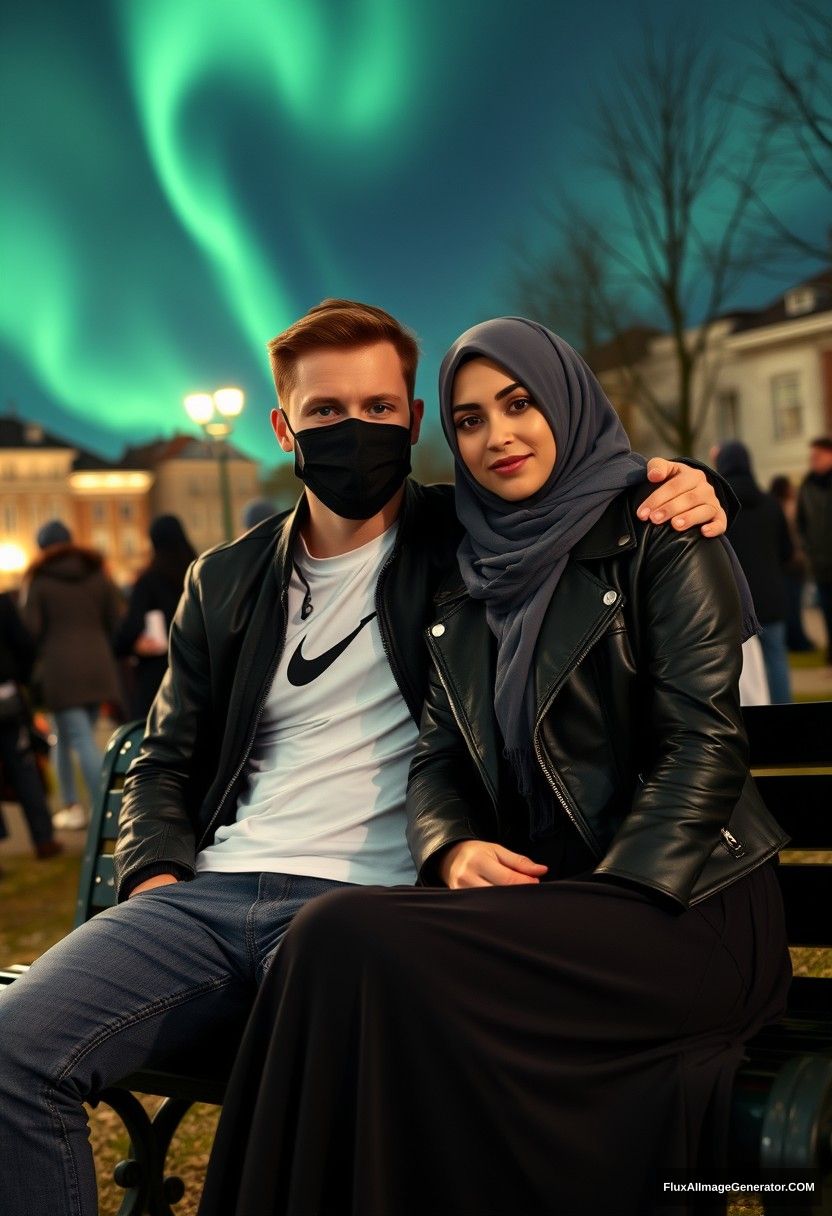 Jamie Dornan, tall and young, wearing a black face mask, a white Nike T-shirt, and jeans, is dating a beautiful Muslim girl in a grey hijab with striking eyes, who is also wearing a black face mask and a leather jacket, paired with a very long and large skirt. She is not tall. They are sitting together on a park bench, with him resting his shoulder against hers in the town, surrounded by strangers in the background. The scene is photorealistic, resembling a selfie taken at night with the aurora borealis in the background. - Image