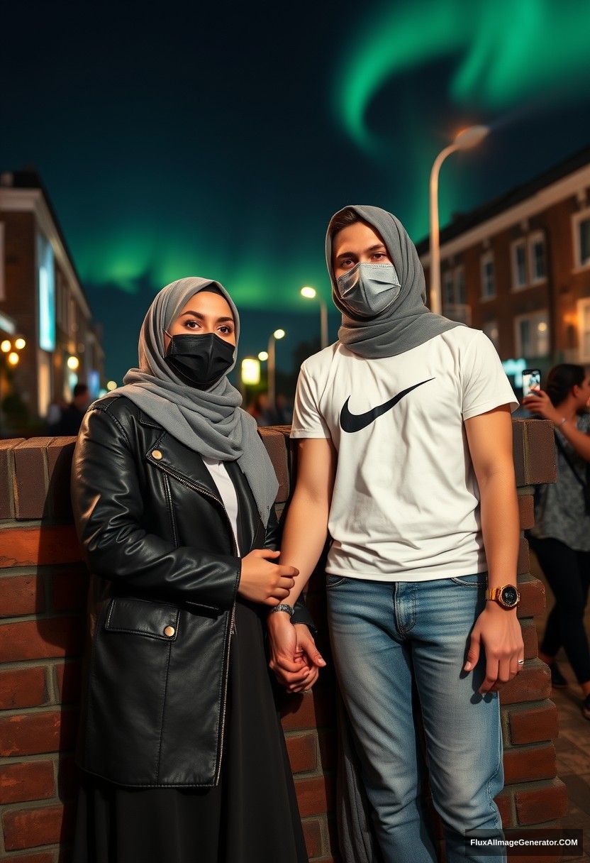 Jamie Dornan, tall and handsome, wearing a black face mask, a white Nike T-shirt, and jeans, is dating a beautiful Muslim girl in a grey hijab. She has beautiful eyes, a black face mask, and a leather jacket, and she's wearing an exceptionally long and large skirt; she is not tall. They are holding hands, lying against a brick wall in town. The scene is photorealistic street photography, full of selfies, set against a night backdrop with an aurora.