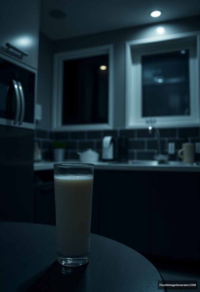 At a modern kitchen, at midnight, with gloomy lighting, fresh milk in a glass on a table.