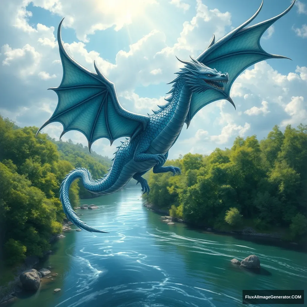 /imagine prompt: A painting of a western dragon flying high in the sky, its scales gleaming in blue and silver, powerful wings flapping, dynamic pose, aerial view from the river below. The river flows calmly with clear water, reflecting the dragon above, surrounded by lush, green trees. The sky is partly cloudy with rays of sunlight piercing through, highlighting the dragon's form, hd quality, vivid style --ar 16:9 --v 6.0