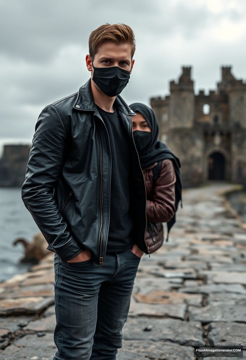 Jamie Dornan's head and body shot, handsome, youngest, black face mask, black leather jacket, jeans, dating, love with the biggest black hijab Muslim girl, not tall, beautiful eyes, face mask, maroon leather jacket, biggest black skirt, hyper-realistic, studio photography, full body photo, exploring at an abandoned castle, at sea, gloomy scenery.