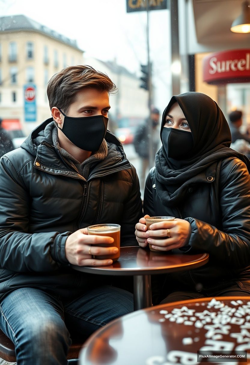 Jamie Dornan, handsome, young, wearing a black face mask, snow jacket, and jeans, dating a beautiful Muslim girl in a black hijab with stunning eyes, also wearing a black face mask, and a black leather jacket, in a winter scenery, sitting in a café near a glass window in town, with two cups of hot chocolate on a gloomy day, photorealistic street photography.