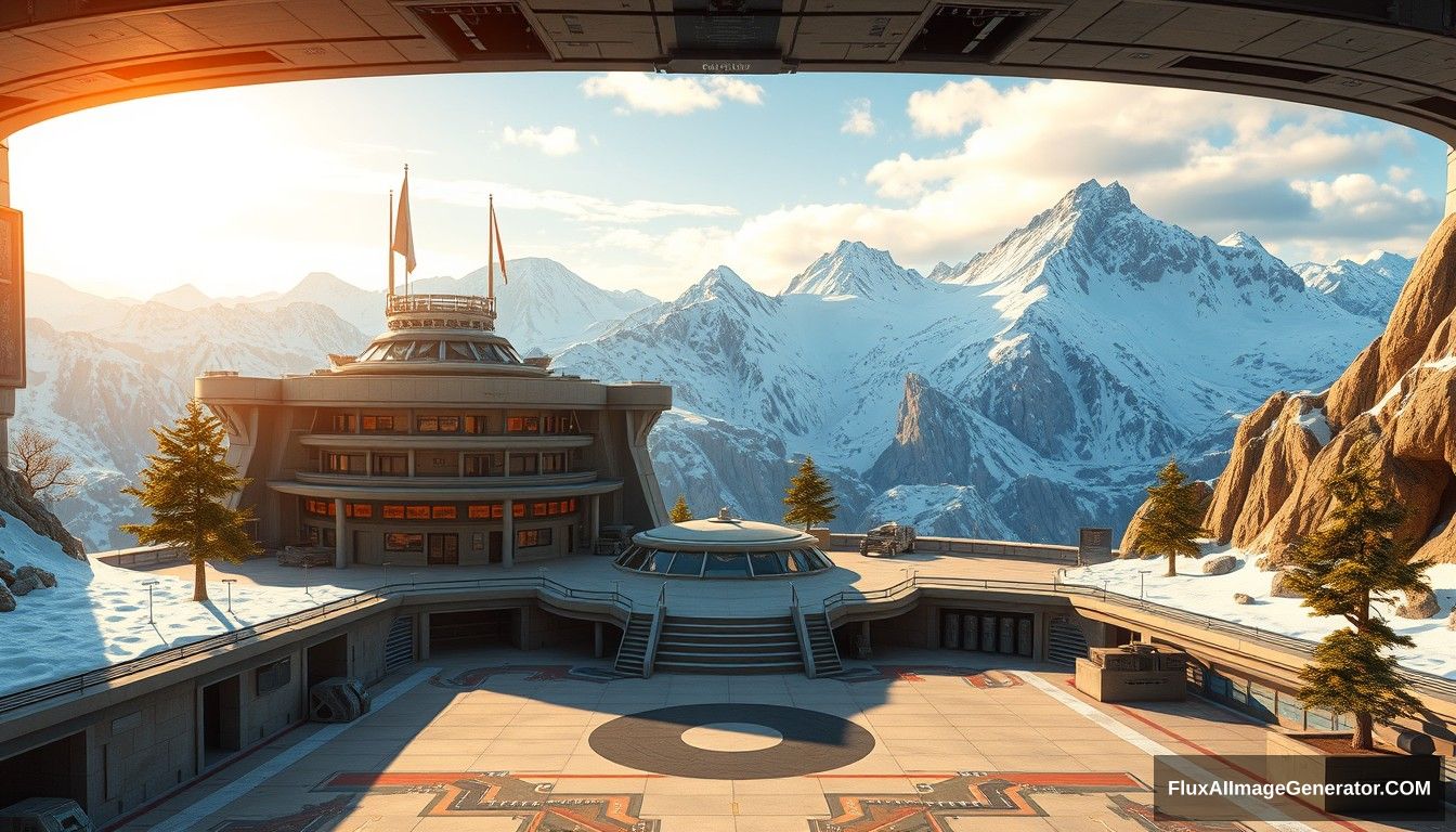 Cel shaded art, wide shot, a sci-fi center on the top of a snow mountain, open air, close look, cyberpunk, military base, Star Wars style, indoor, patio, morning, sunlight, fortress, mountain, rock, snow, tarmac, parking apron, cave, tree, landing field, cliff, round shape, tower.