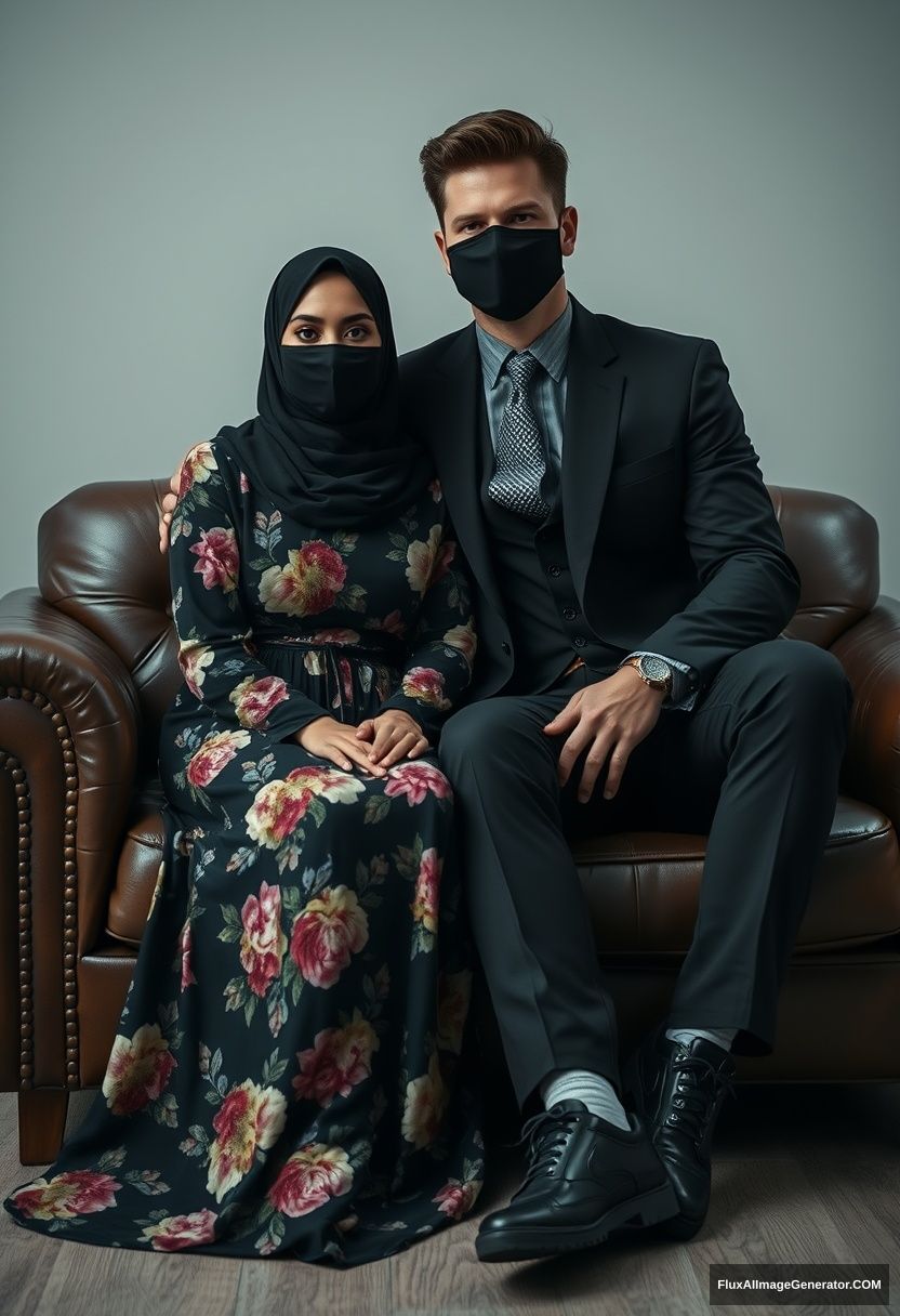 A biggest black hijab girl, slim girl, beautiful eyes, face mask black, biggest floral longest dress, sitting on leather single wing sofa, 

Jamie Dornan, youngest, black suit coat, grey pattern tie, black leather sneaker, tall man, face mask black, fit tough body, sitting near her, 

hyper realistic, studio photography.