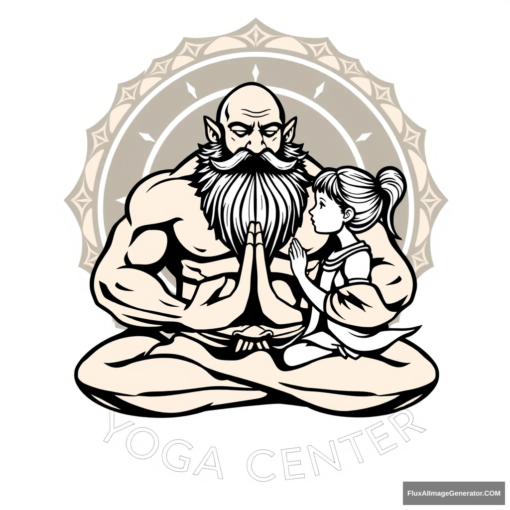 Yoga Center logo: a muscular large bald dwarf with a beard in the lotus position exchanges energies with a girl.