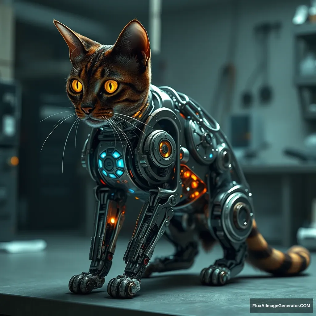 A biomechanical feline cyborg, its legs intricately exposed, revealing a mesmerizing array of glistening gears and pulsating circuits. Hyper-realistic rendering captures every minute detail, from oil-slicked metal to flickering LED lights. Set in a dimly lit laboratory, the cat's eyes glow with eerie intelligence.