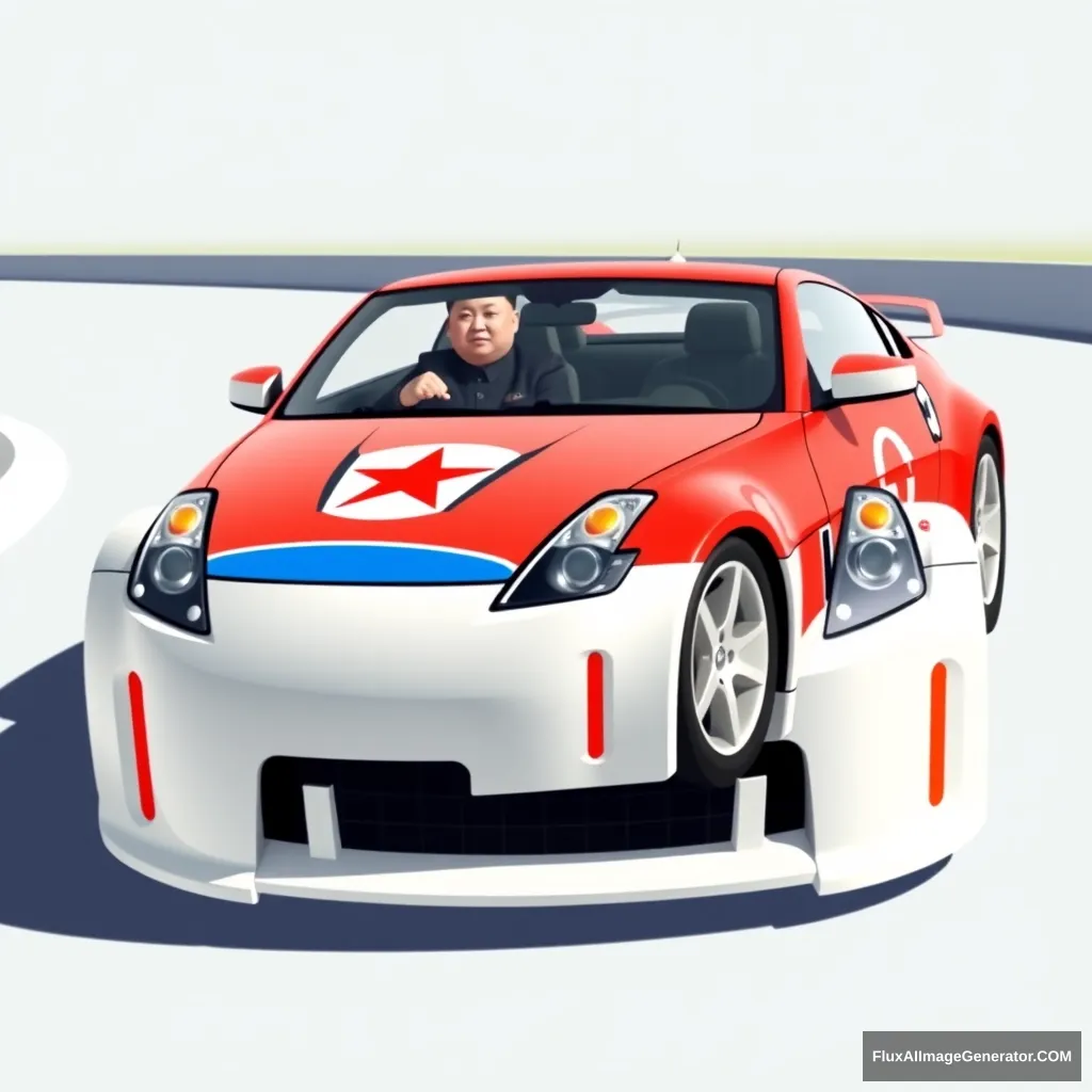 Create an image of a Nissan 350z with North Korea livery driven by Kim Jong-un.