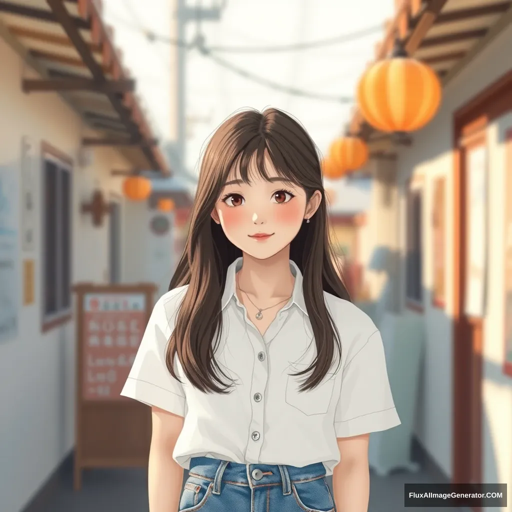 A Korean girl, 18 years old, she is pretty, she wears white shirts and jeans. Studio Ghibli style. - Image