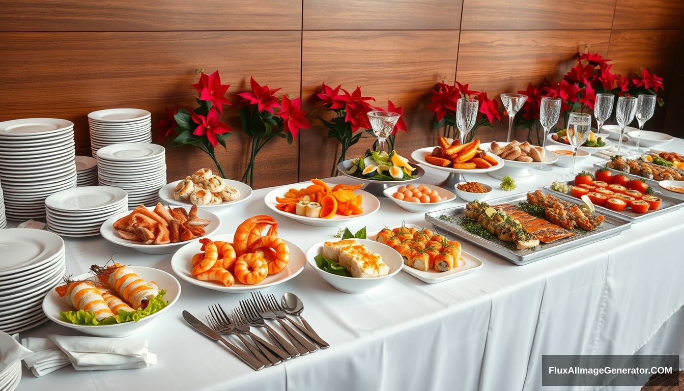 A professional, highly realistic photograph of a five-star buffet setup featuring a variety of elegant seafood dishes on a long table covered with a white tablecloth. The table includes luxurious plates of seafood salads, shrimp rolls, grilled fish, and assorted sushi, with high-end stainless steel utensils and crystal glassware neatly arranged. There are stacks of fine china plates and bowls on the left side, along with high-quality napkins. The background features a wooden panel wall with festive red poinsettia plants adding a touch of elegance. The image is captured with a professional camera by a journalist, ensuring sharp focus, rich colors, and perfect composition. The lighting and shadows are carefully balanced to enhance realism, making the dining experience appear both sophisticated and authentic.