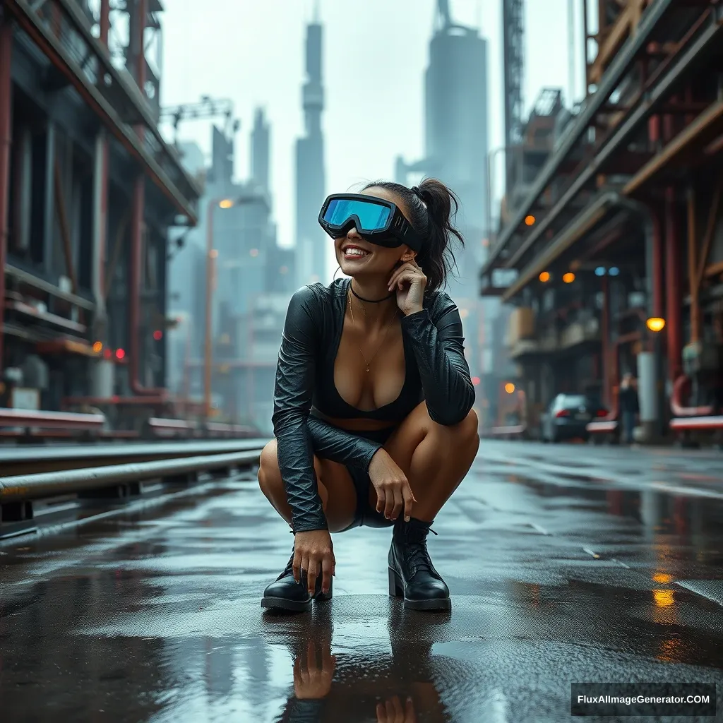 A cyberpunk woman squatting in the distance, whimsical smile, oversized OLED liquid glass goggles with HUD, a massive industrial network technology cityscape in the background, a great sense of scale, long focal length zoom perspective, servos, pipes, reflective wet pavement, fashion photography, fluctuating depth of field, zoom blur.