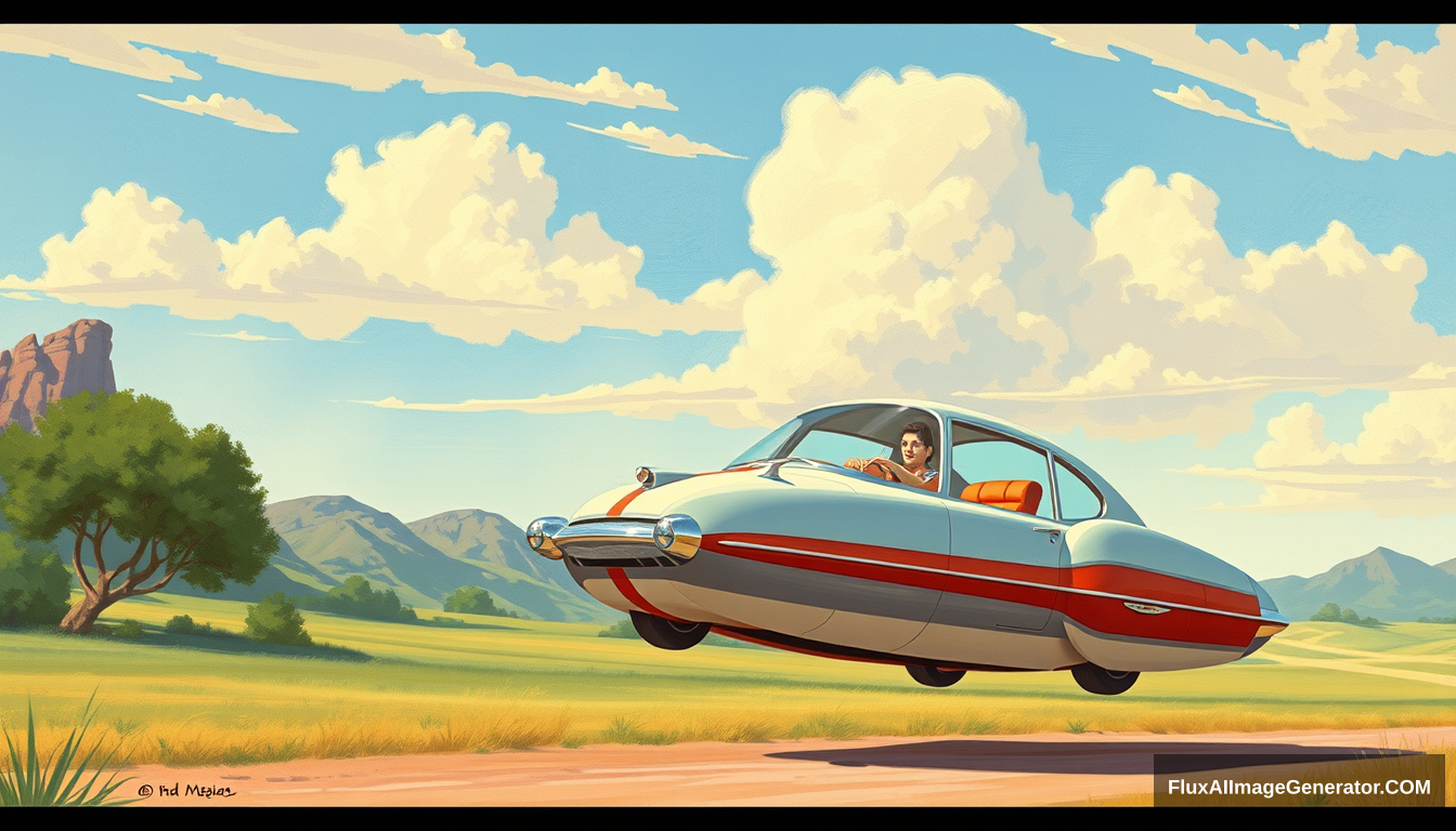 A flying car as seen on the "Jetsons" cartoon, as painted by Syd Mead, country setting, 4k.