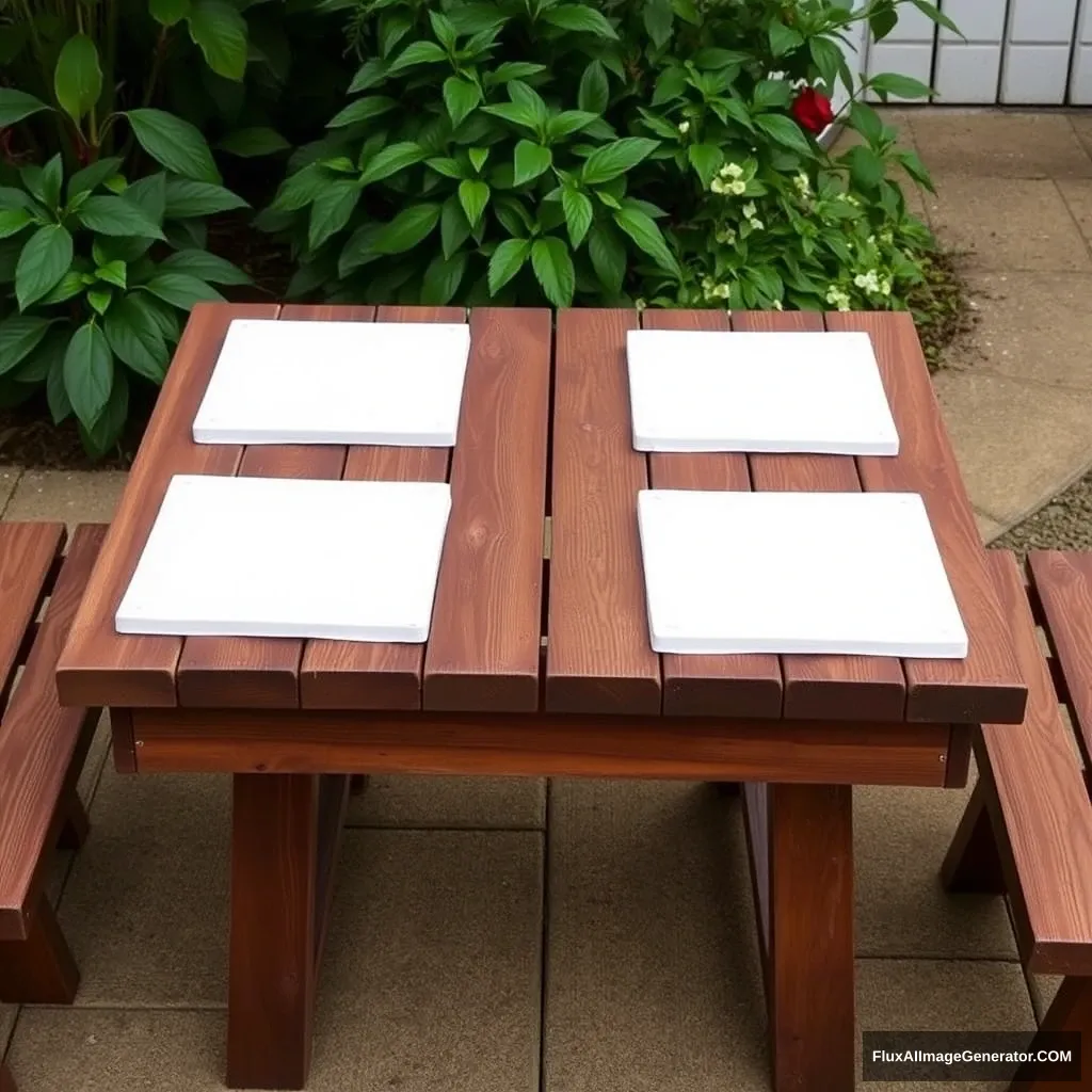 Four white flat squares on a wooden garden table - Image