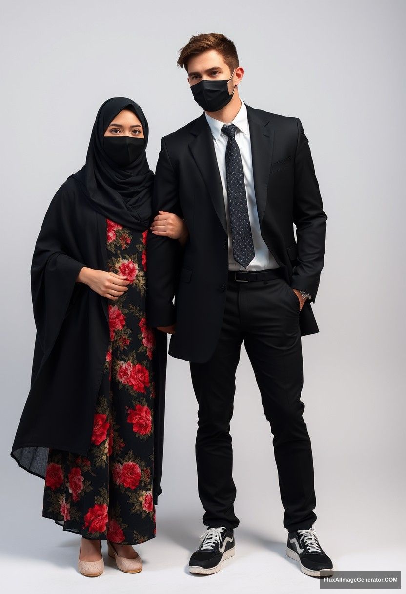 A biggest black hijab girl, beautiful eyes, face mask black, biggest red floral longest dress, not tall, standing near him, love holding his arm,

Jamie Dornan body and face shot, handsome, youngest, face mask black, fit and tough body, black coat suit, white shirt, black patterned tie, tall man, sneakers, love standing near her,

Hyper-realistic, studio photography, photorealistic. - Image