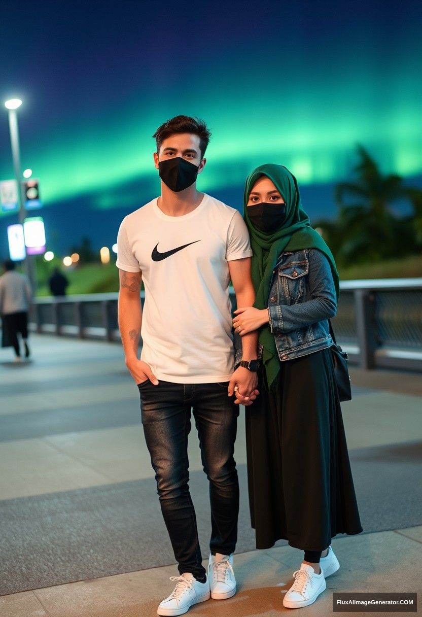 Jamie Dornan, handsome, wearing a black face mask, white Nike t-shirt, jeans, sneakers, dating romantically with a Muslim girl in a green hijab, beautiful eyes, black face mask, denim jacket, longest skirt, not tall girl, holding hands, photorealistic, street photography, full photography, selfie photos, night scenery, aurora.