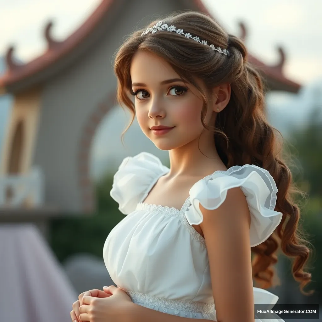 The girl in the white dress, Disney style, quality details, hyper realistic, high definition, 8K, photo.